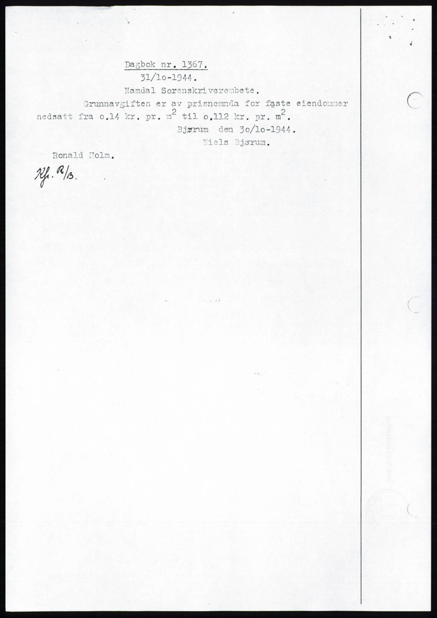 Namdal sorenskriveri, SAT/A-4133/1/2/2C: Pantebok nr. -, 1944-1945, Dagboknr: 1367/1944