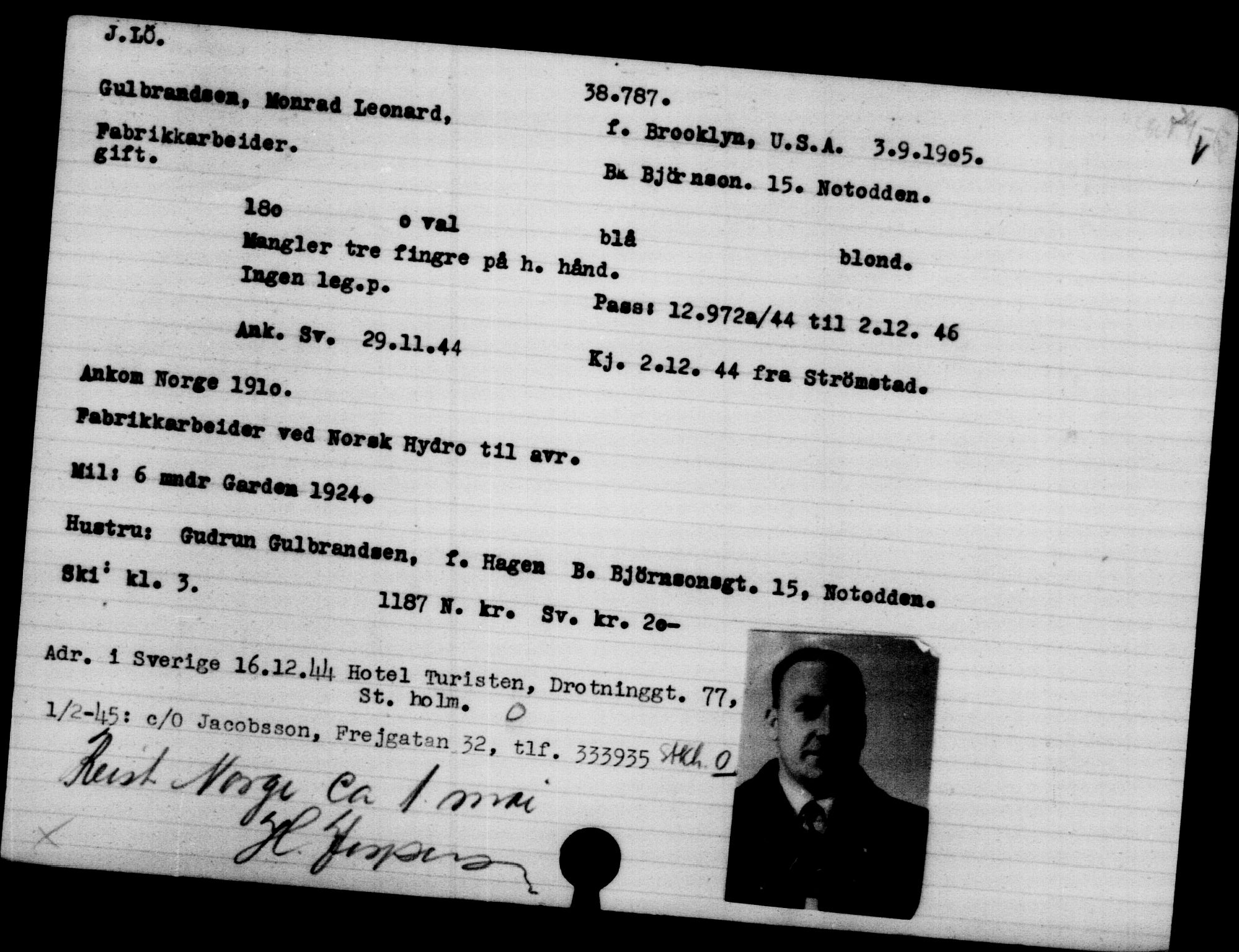 Utenriksstasjonene, Legasjonen i Stockholm, Flyktningkontoret, AV/RA-S-6753/V/Va/L0015: Kjesäterkartoteket, flyktninger med registreringsnr. 37800-40770, 1940-1945, s. 1010