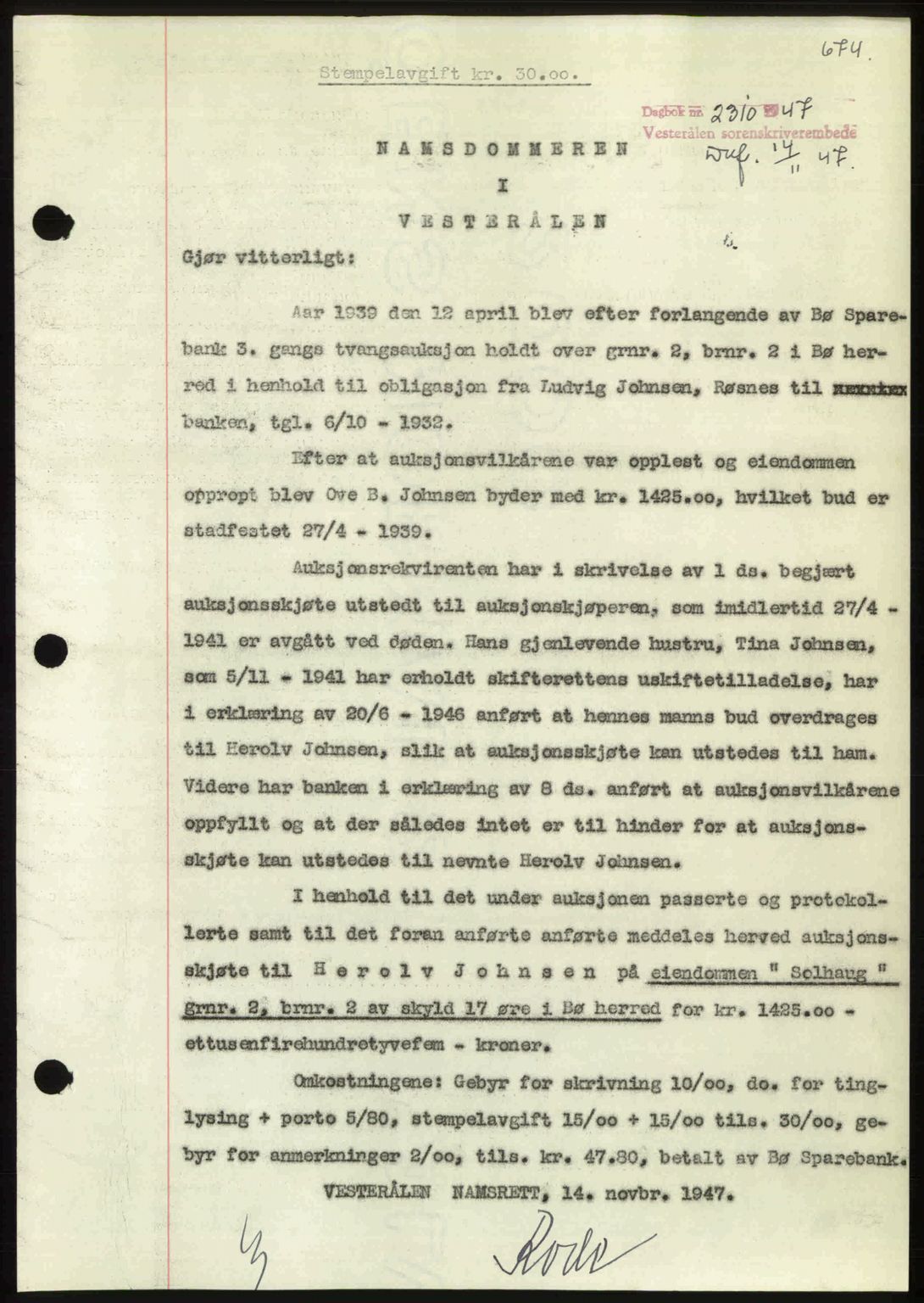Vesterålen sorenskriveri, SAT/A-4180/1/2/2Ca: Pantebok nr. A21, 1947-1947, Dagboknr: 2310/1947