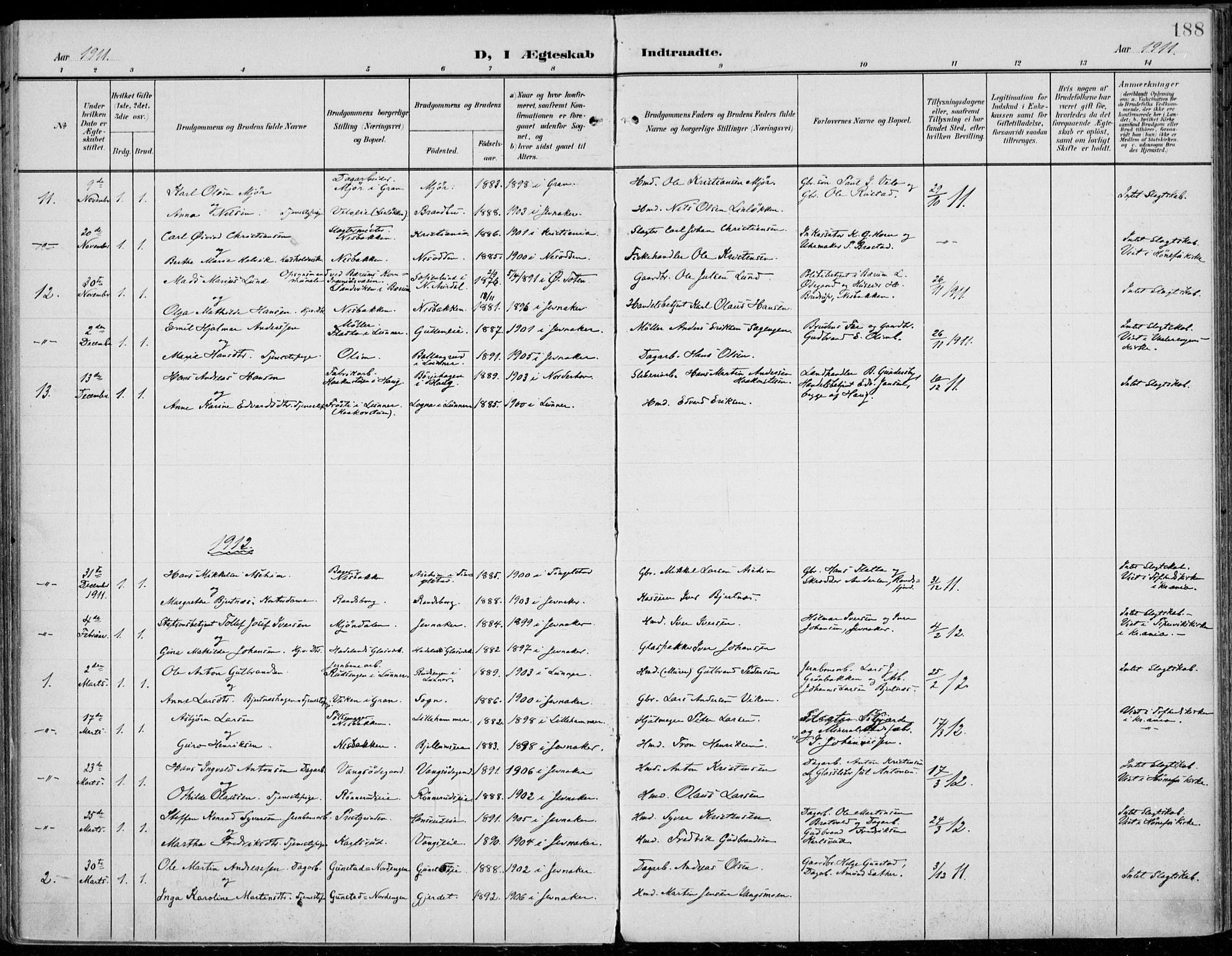 Jevnaker prestekontor, AV/SAH-PREST-116/H/Ha/Haa/L0011: Ministerialbok nr. 11, 1902-1913, s. 188
