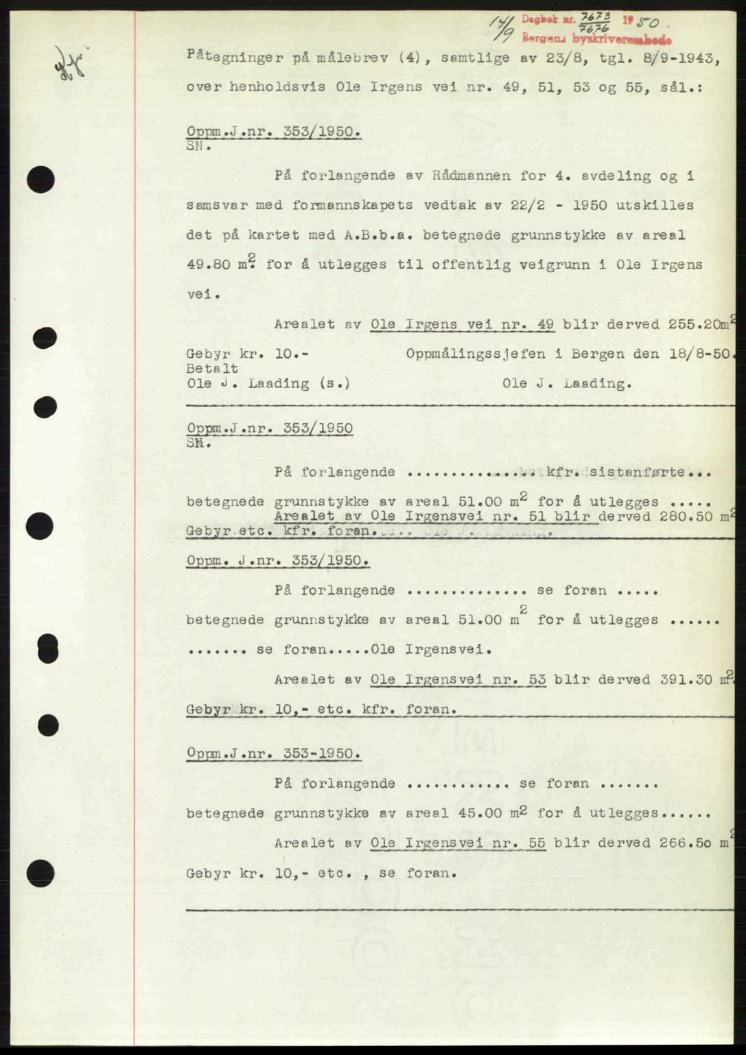 Byfogd og Byskriver i Bergen, AV/SAB-A-3401/03/03Bc/L0033: Pantebok nr. A26-27, 1950-1950, Dagboknr: 7673/1950