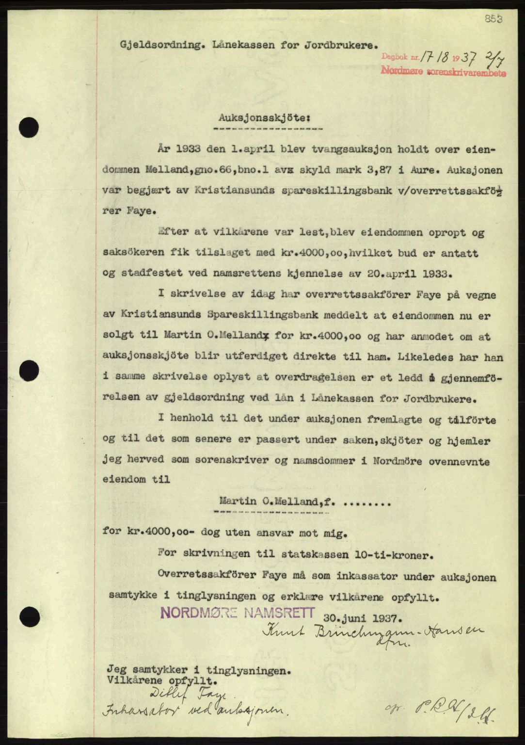 Nordmøre sorenskriveri, SAT/A-4132/1/2/2Ca: Pantebok nr. A81, 1937-1937, Dagboknr: 1718/1937