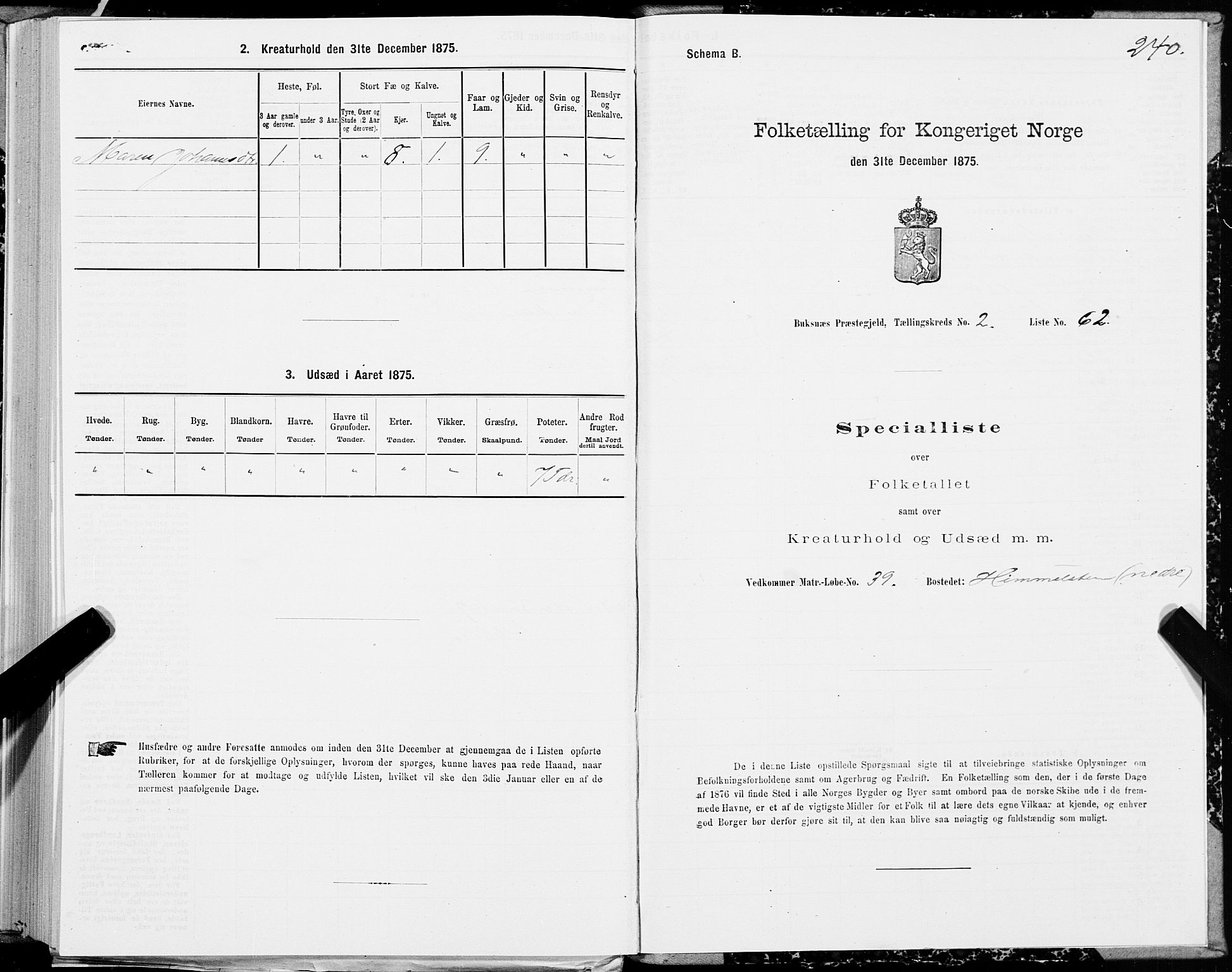 SAT, Folketelling 1875 for 1860P Buksnes prestegjeld, 1875, s. 1240