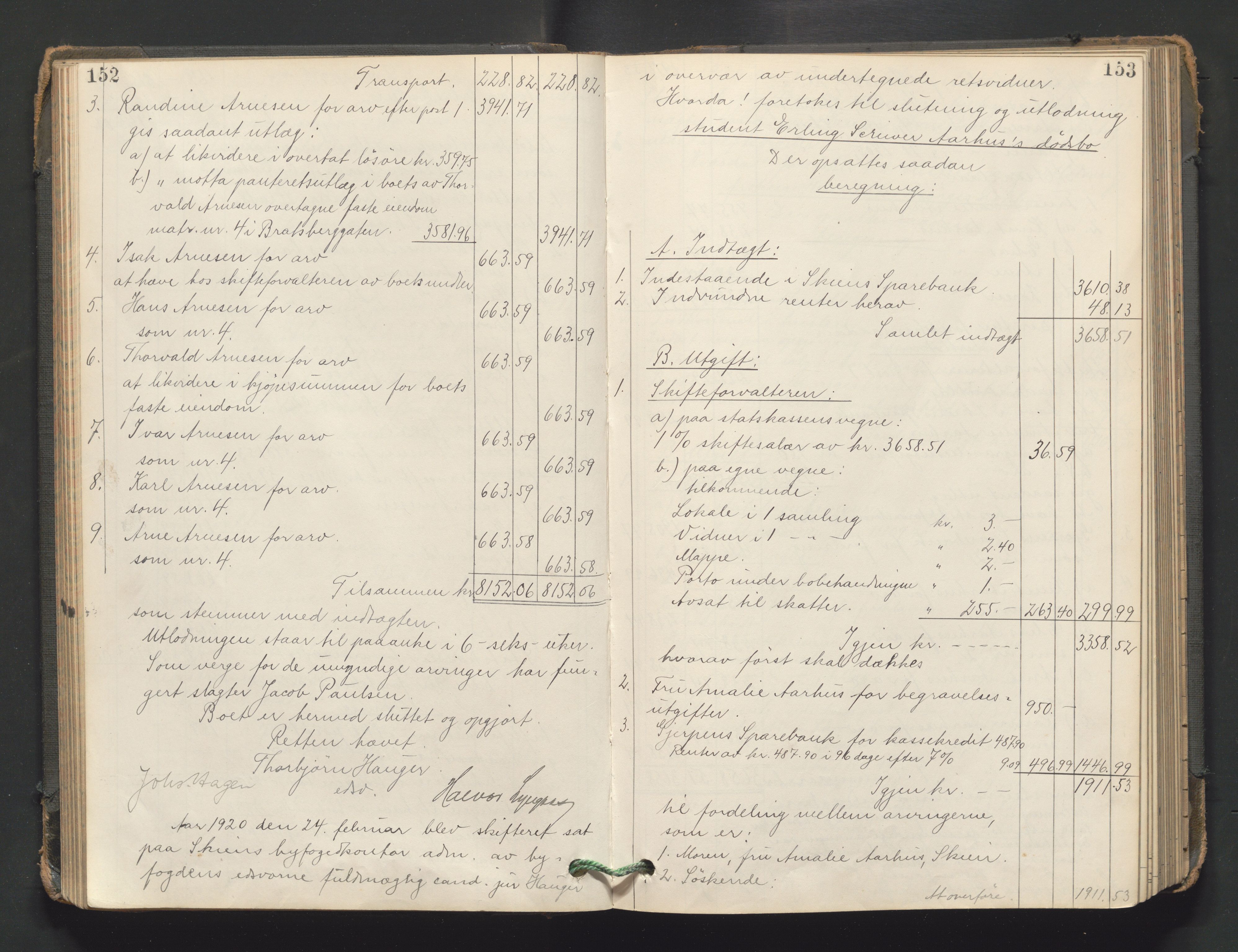 Skien byfogd, AV/SAKO-A-219/H/He/L0004: Skifteutlodningsprotokoll, 1915-1925, s. 152-153