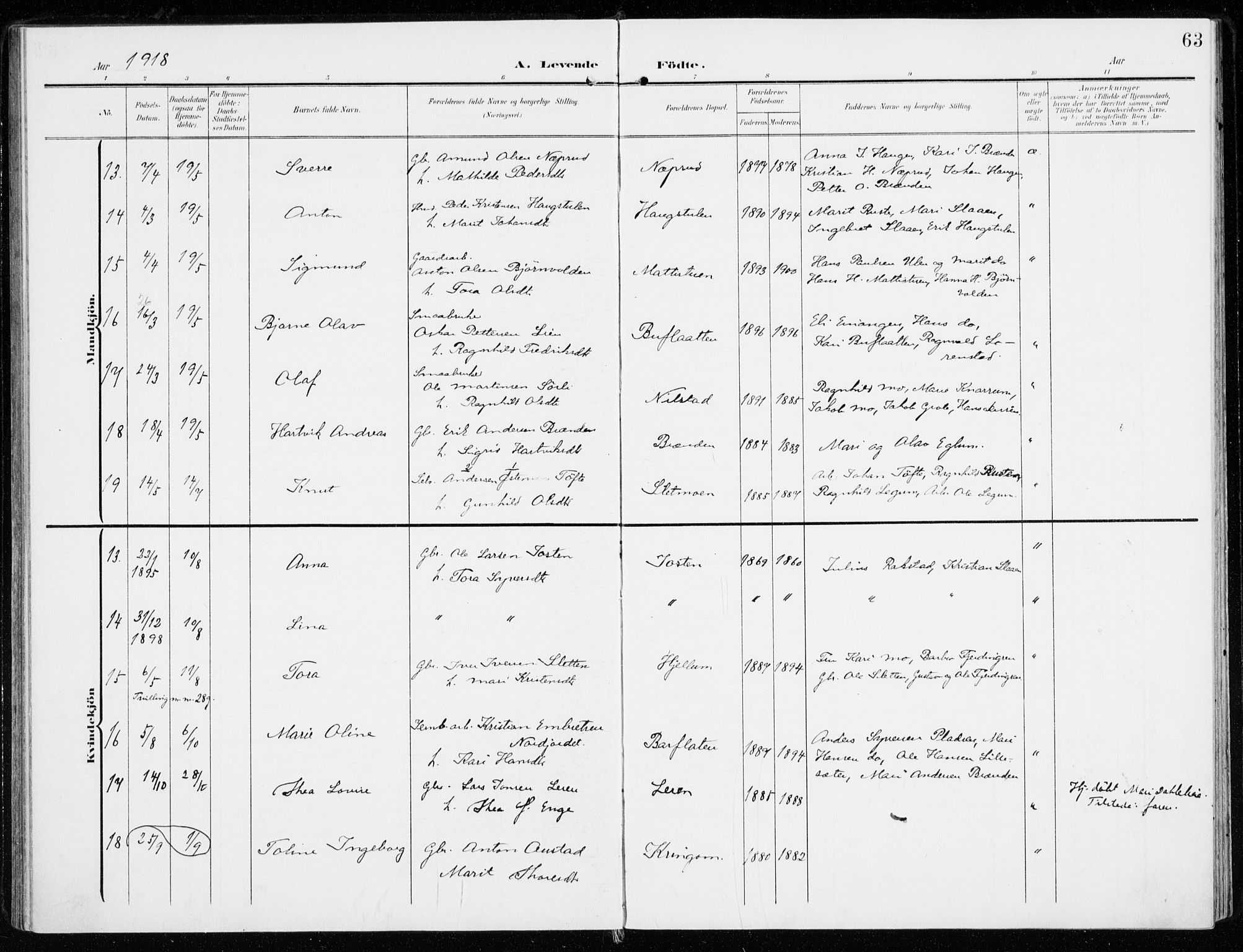 Sel prestekontor, AV/SAH-PREST-074/H/Ha/Haa/L0002: Ministerialbok nr. 2, 1905-1919, s. 63