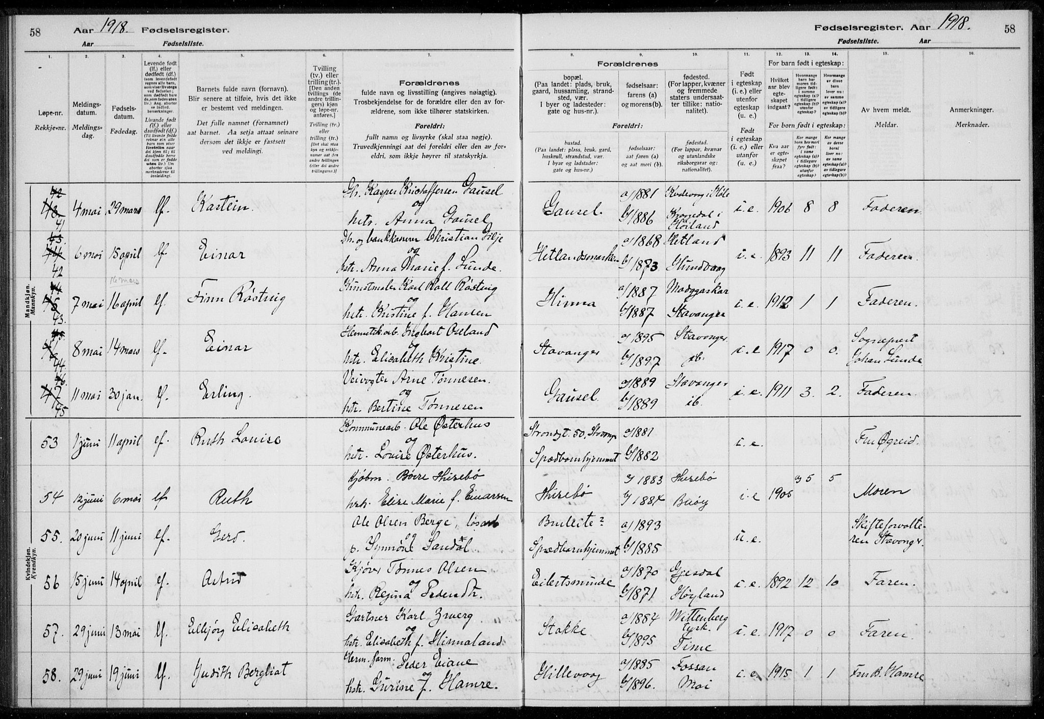 Hetland sokneprestkontor, AV/SAST-A-101826/70/704BA/L0003: Fødselsregister nr. 1, 1916-1923, s. 58