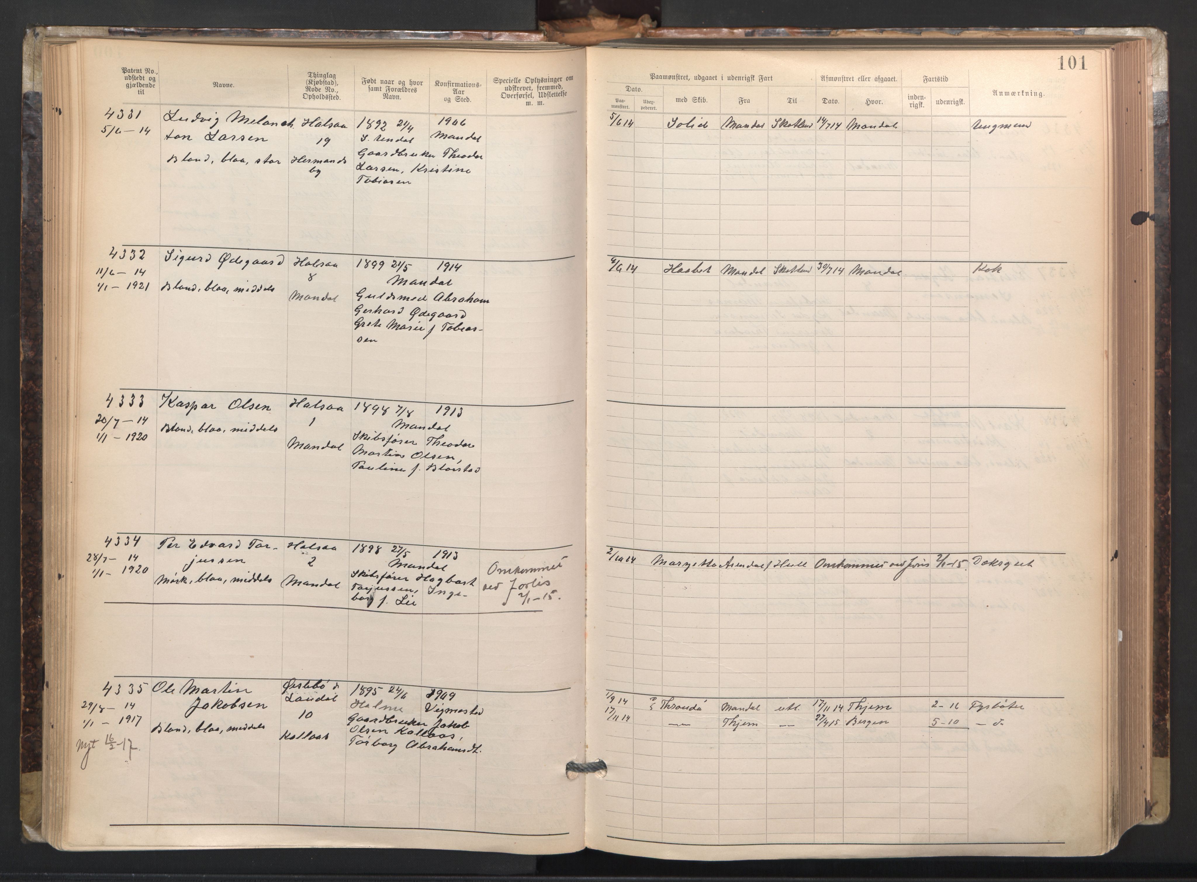 Mandal mønstringskrets, AV/SAK-2031-0016/F/Fa/L0003: Annotasjonsrulle nr 3831-4730 med register, L-5, 1900-1948, s. 125