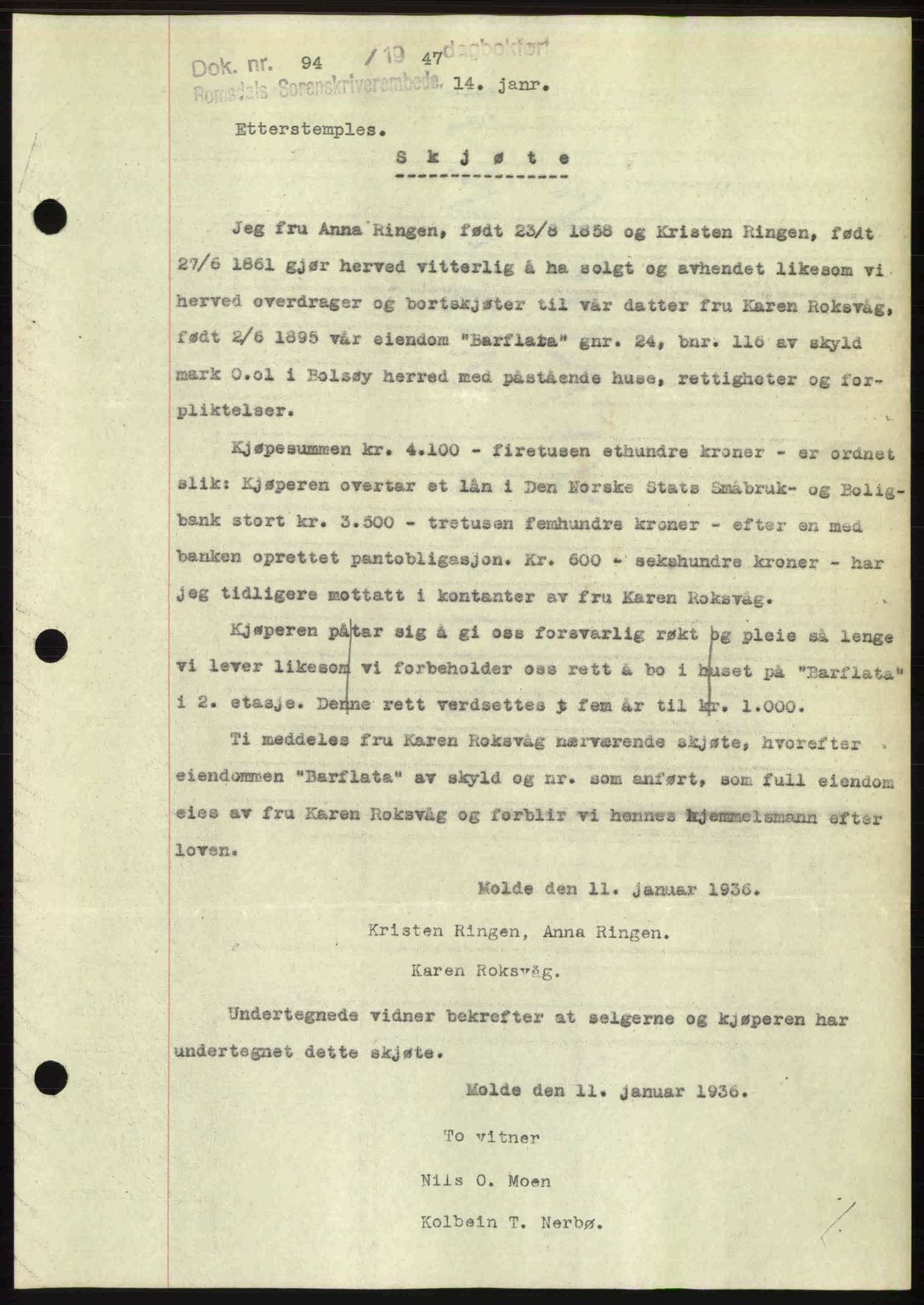 Romsdal sorenskriveri, SAT/A-4149/1/2/2C: Pantebok nr. A22, 1947-1947, Dagboknr: 94/1947