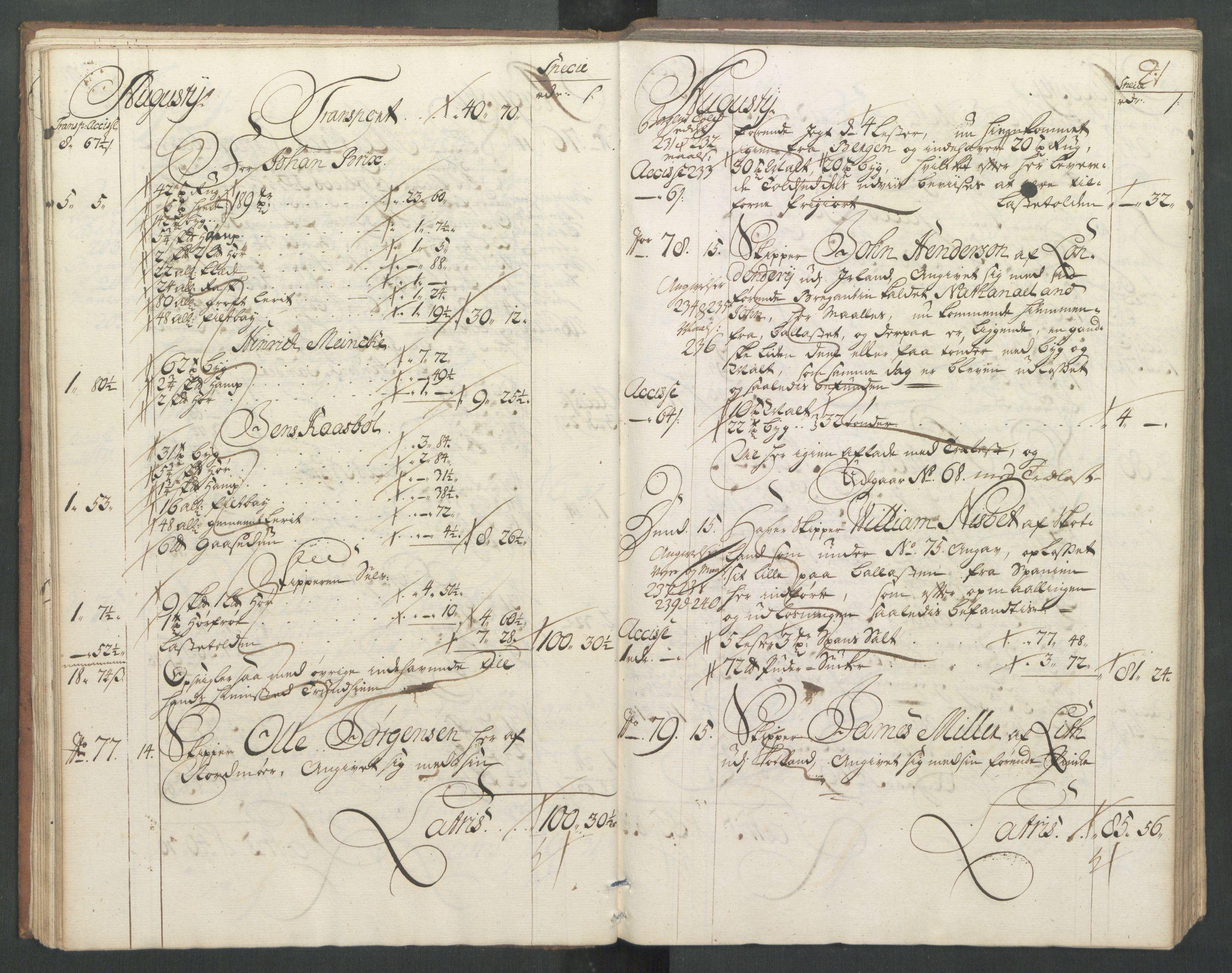 Generaltollkammeret, tollregnskaper, RA/EA-5490/R32/L0004/0001: Tollregnskaper Kristiansund / Hovedtollbok, 1731, s. 20b-21a