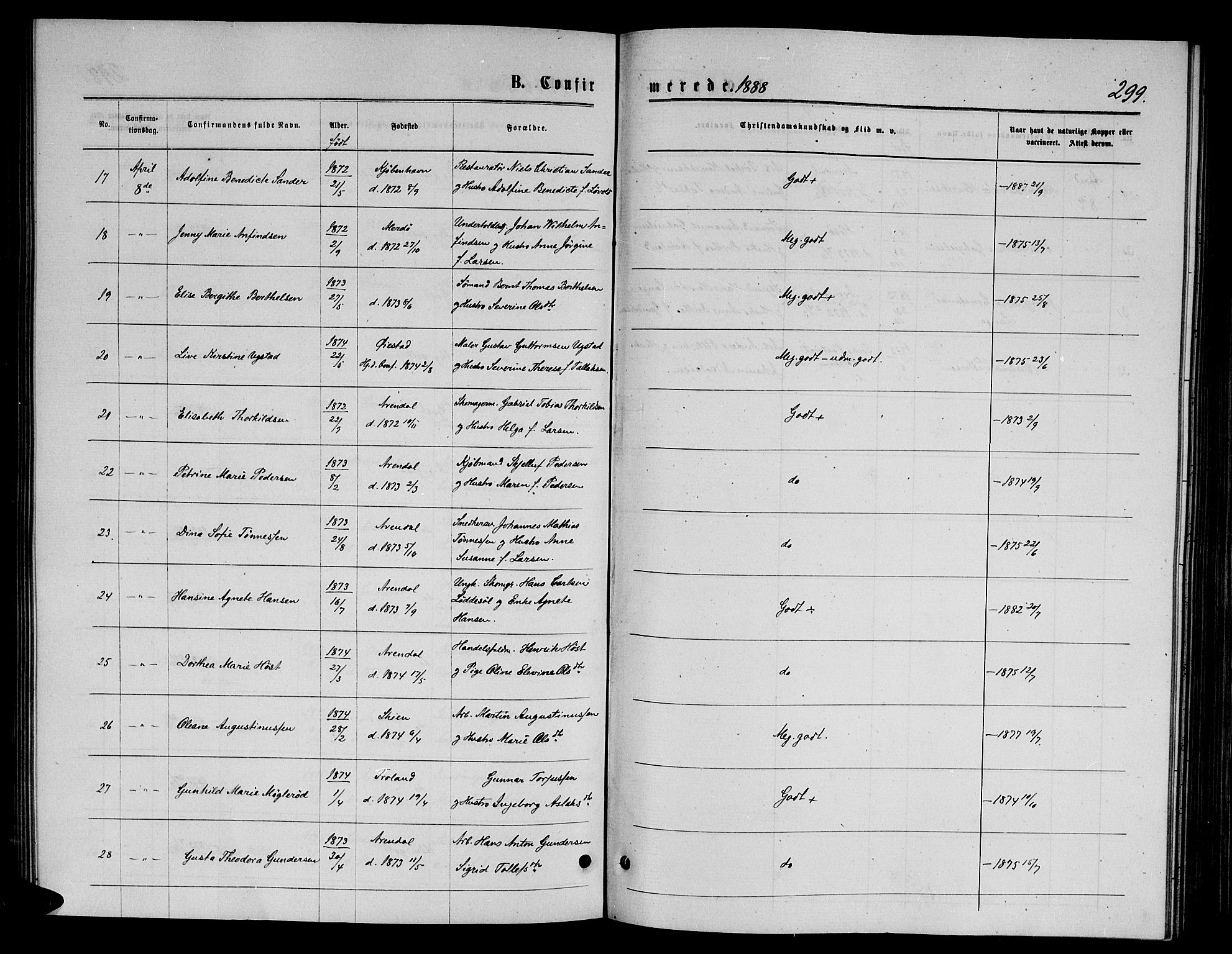 Arendal sokneprestkontor, Trefoldighet, AV/SAK-1111-0040/F/Fb/L0005: Klokkerbok nr. B 5, 1874-1888, s. 299