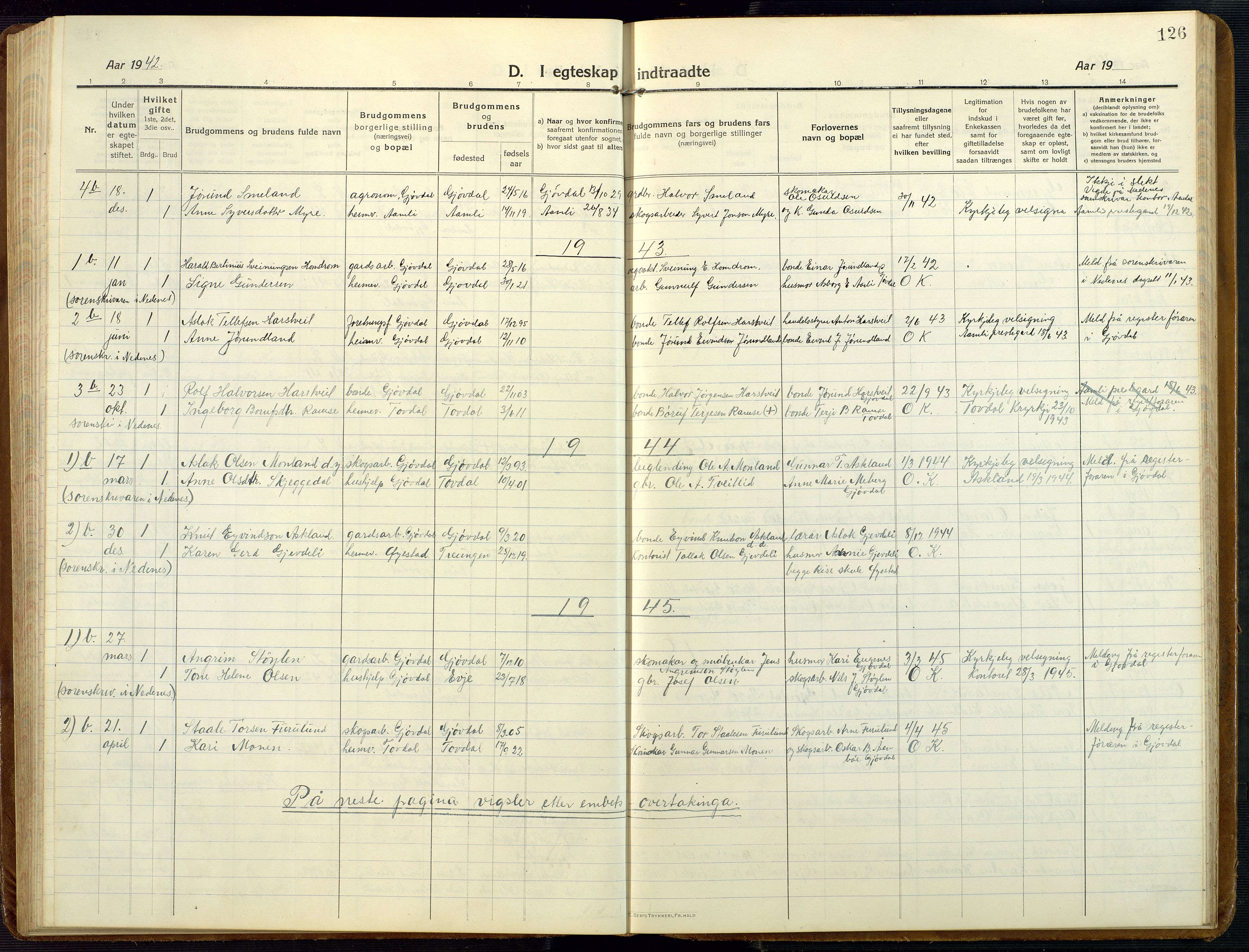 Åmli sokneprestkontor, AV/SAK-1111-0050/F/Fb/Fba/L0003: Klokkerbok nr. B 3, 1912-1974, s. 126