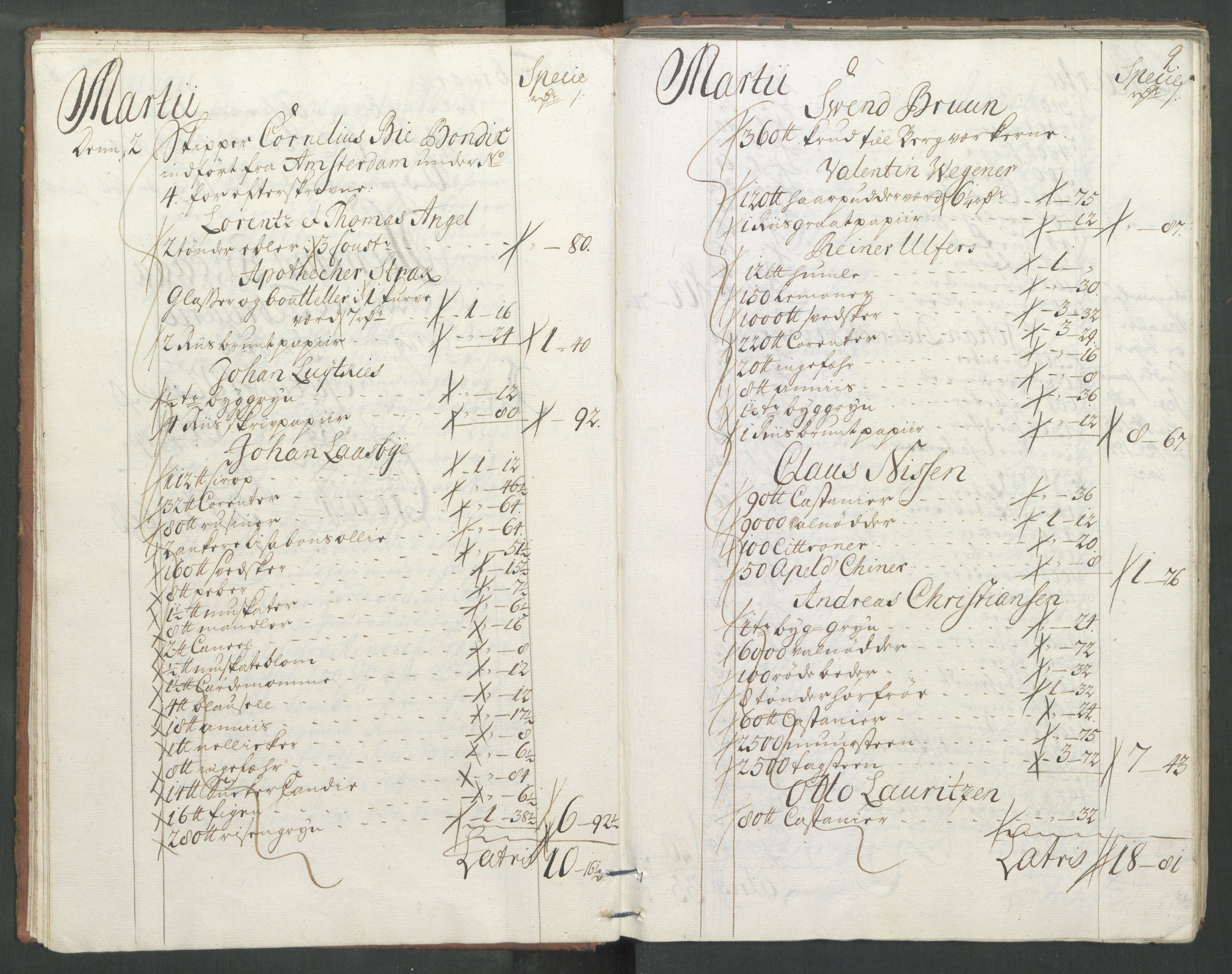 Generaltollkammeret, tollregnskaper, RA/EA-5490/R33/L0013/0001: Tollregnskaper Trondheim A / Inngående tollbok, 1731, s. 8b-9a