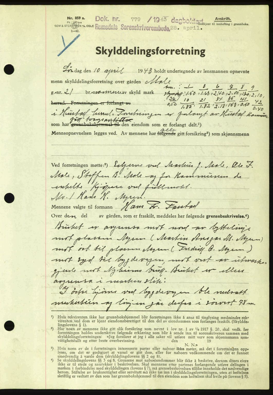 Romsdal sorenskriveri, SAT/A-4149/1/2/2C: Pantebok nr. A14, 1943-1943, Dagboknr: 779/1943