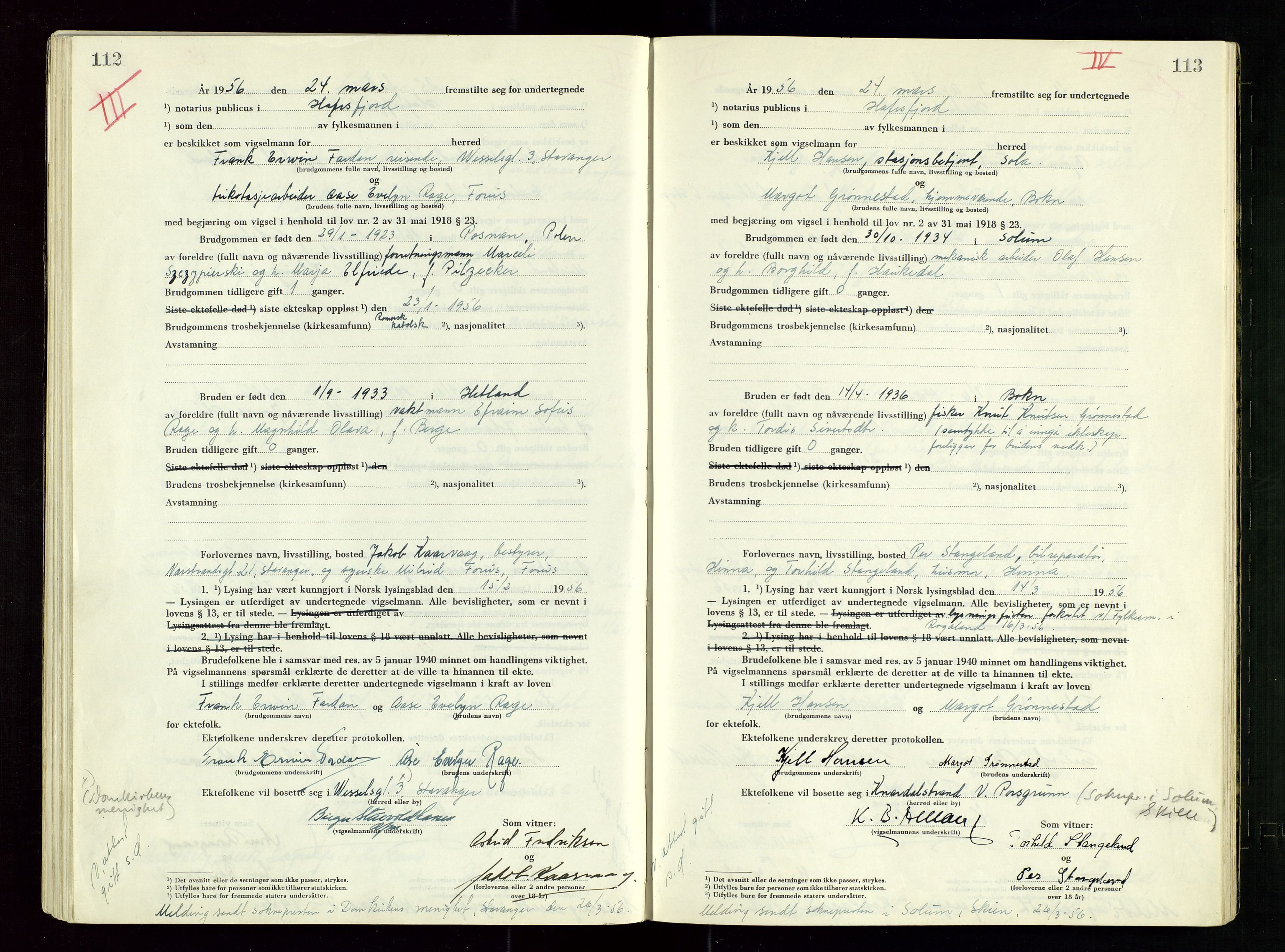 Hafrsfjord sorenskriveri, AV/SAST-A-100313/I/Ic/L0001: "Vigsels-bok", 1951-1959, s. 112-113