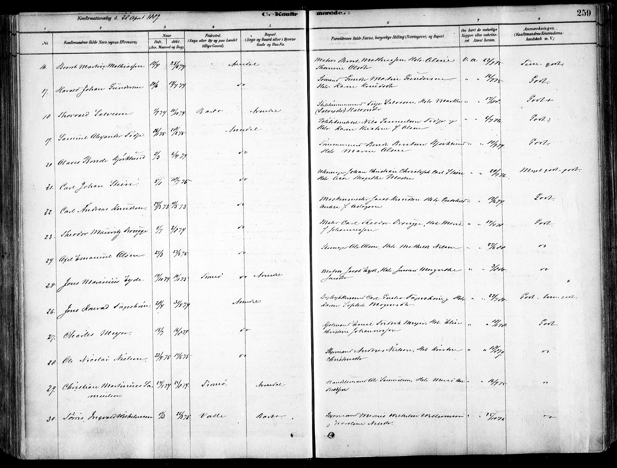 Arendal sokneprestkontor, Trefoldighet, AV/SAK-1111-0040/F/Fa/L0008: Ministerialbok nr. A 8, 1878-1899, s. 259
