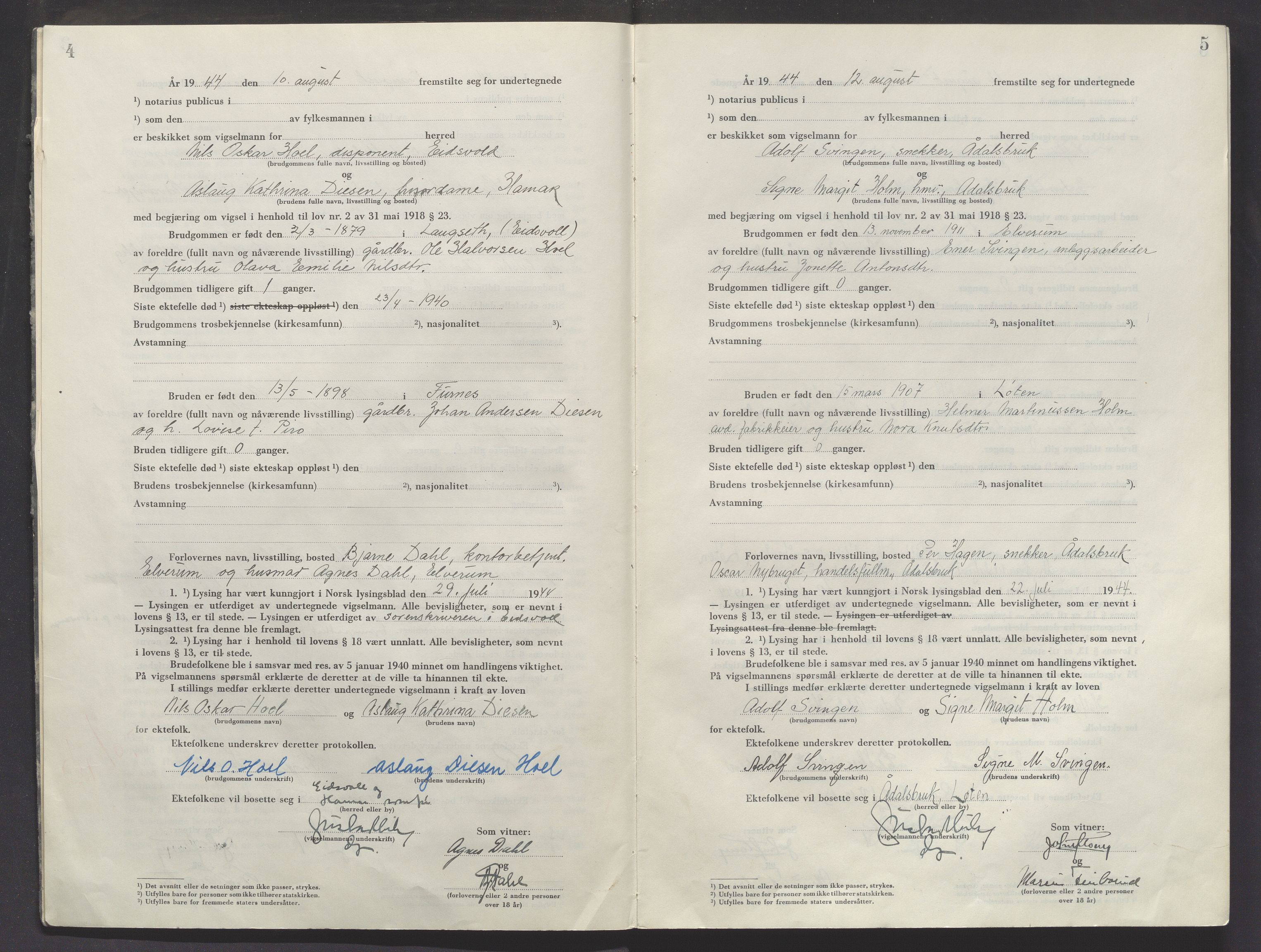 Sør-Hedmark sorenskriveri, AV/SAH-TING-014/L/Le/L0002/0001: Vigselsbøker / Vigselbok, 1944-1945, s. 4-5