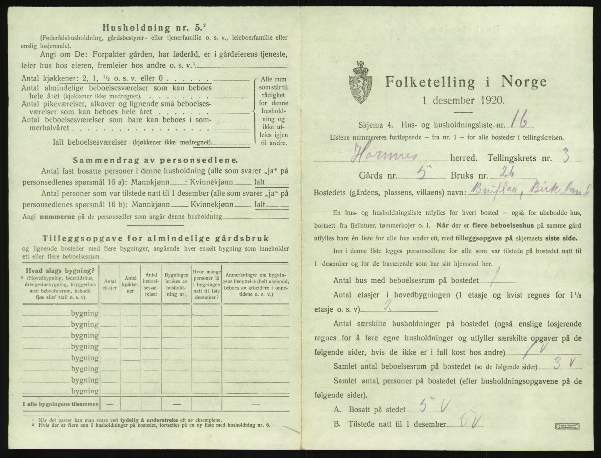 SAK, Folketelling 1920 for 0936 Hornnes herred, 1920, s. 147