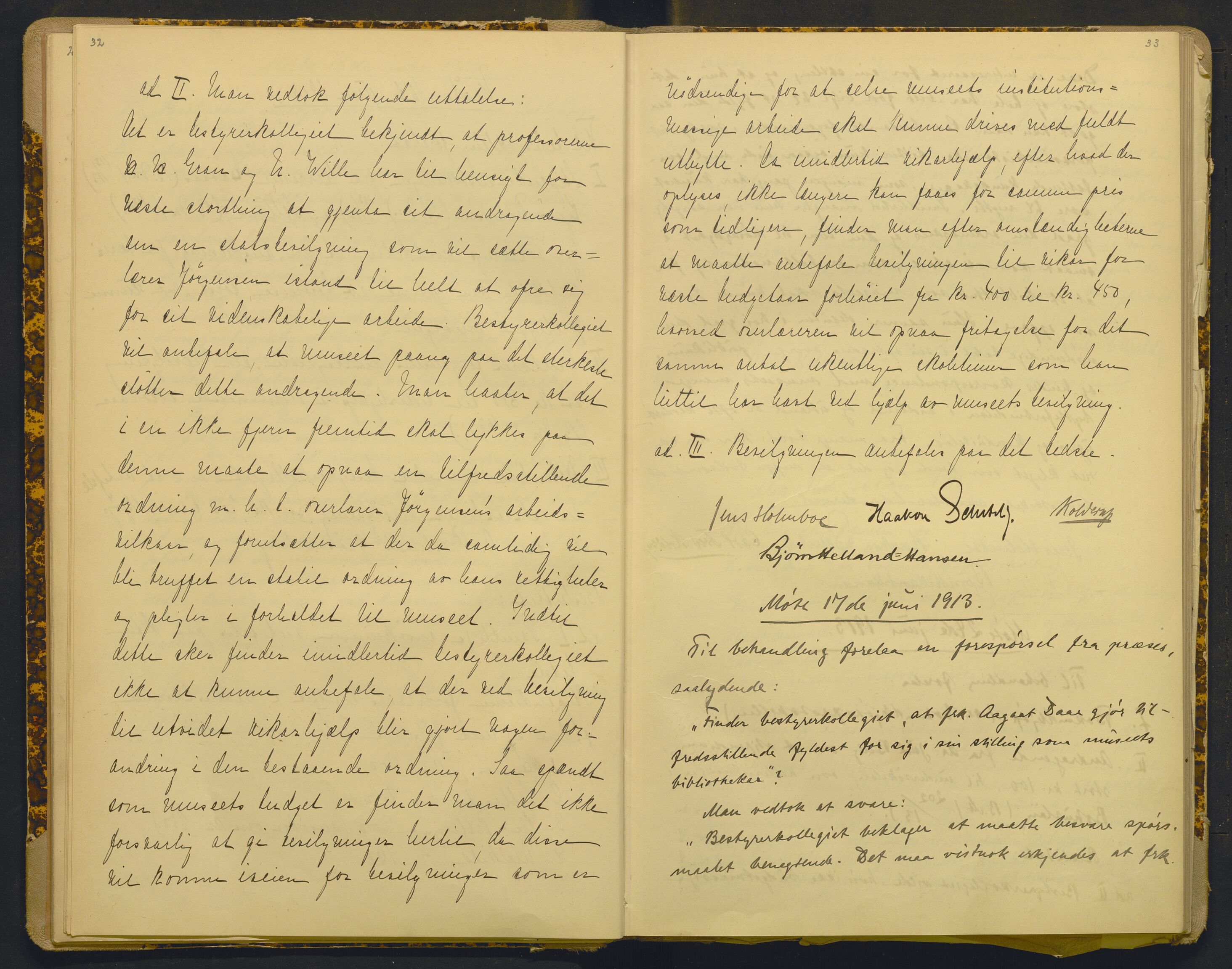 Bergens Museum, AV/SAB-A-17301/18/A/L0001: Bestyrerkollegiets forhandlingsprotokoll med register , 1907-1927, s. 32-33