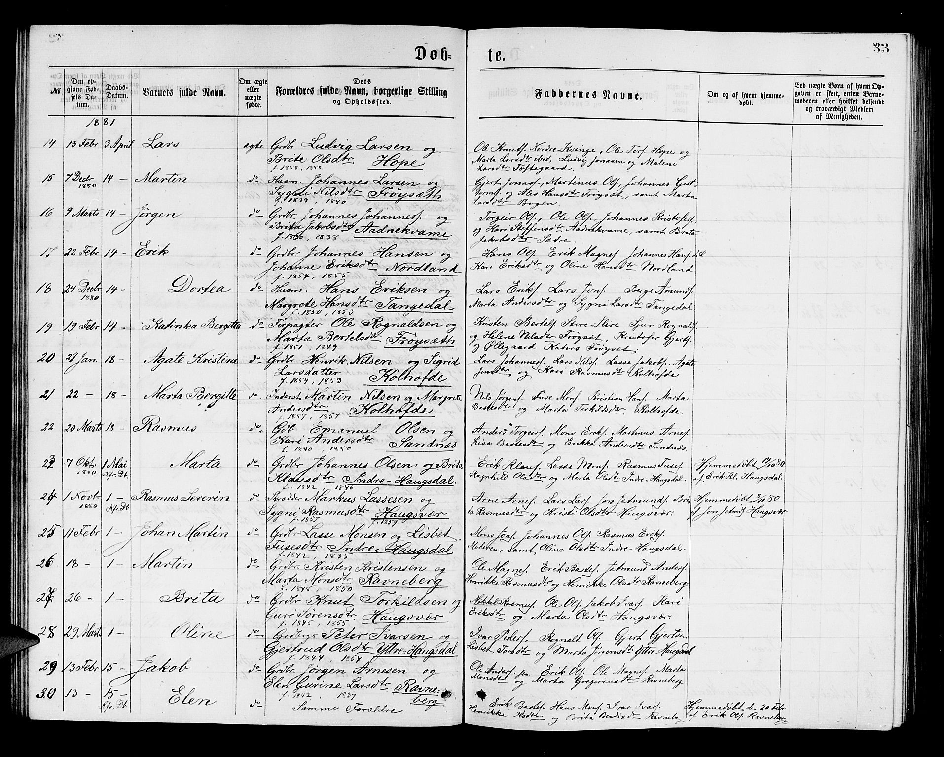 Masfjorden sokneprestembete, AV/SAB-A-77001: Klokkerbok nr. A 2, 1876-1891, s. 33