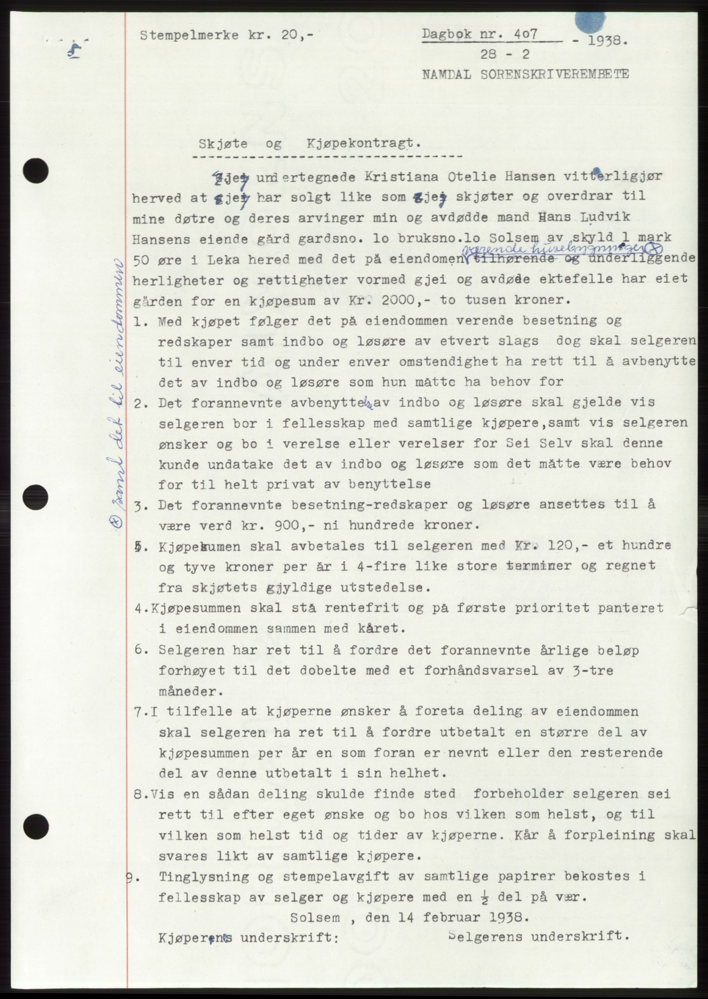 Namdal sorenskriveri, SAT/A-4133/1/2/2C: Pantebok nr. -, 1937-1939, Tingl.dato: 28.02.1938
