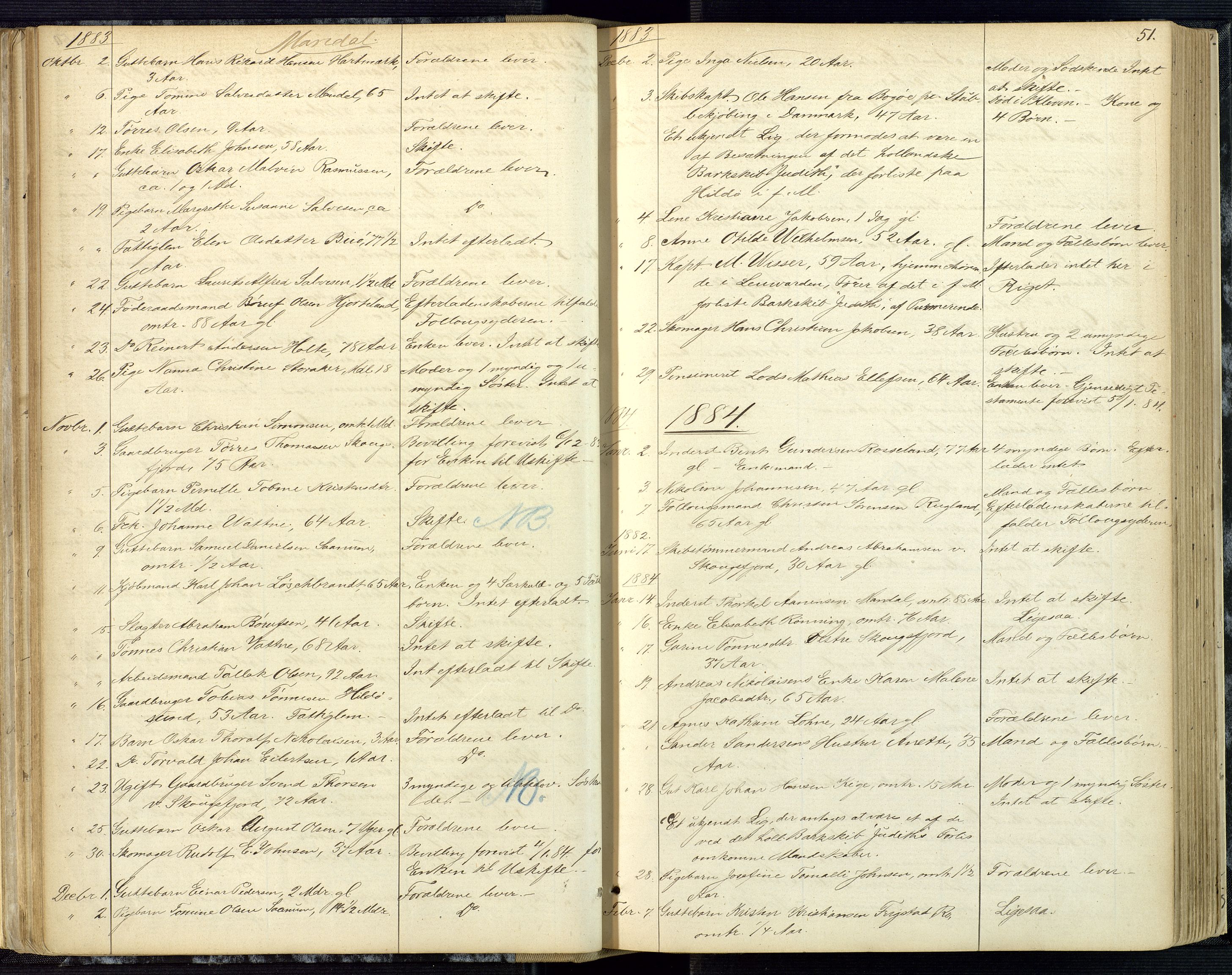 Mandal sorenskriveri, AV/SAK-1221-0005/001/H/Ha/L0001: Dødsfall hele sorenskriveriet nr A1, 1862-1901, s. 50b-51a