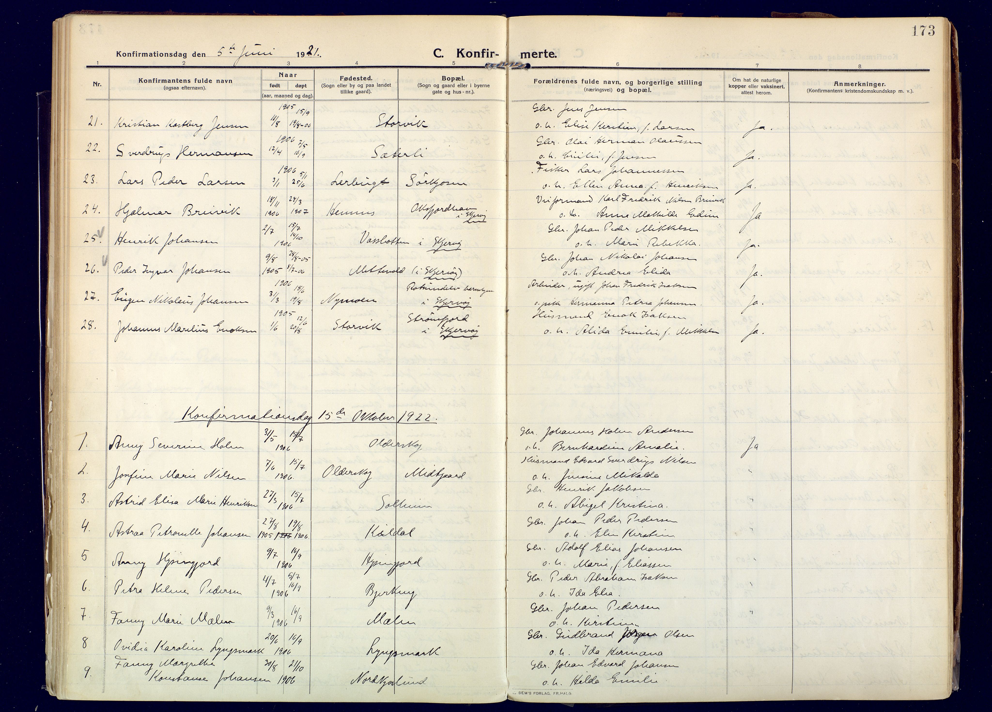 Skjervøy sokneprestkontor, AV/SATØ-S-1300/H/Ha/Haa: Ministerialbok nr. 20, 1911-1931, s. 173