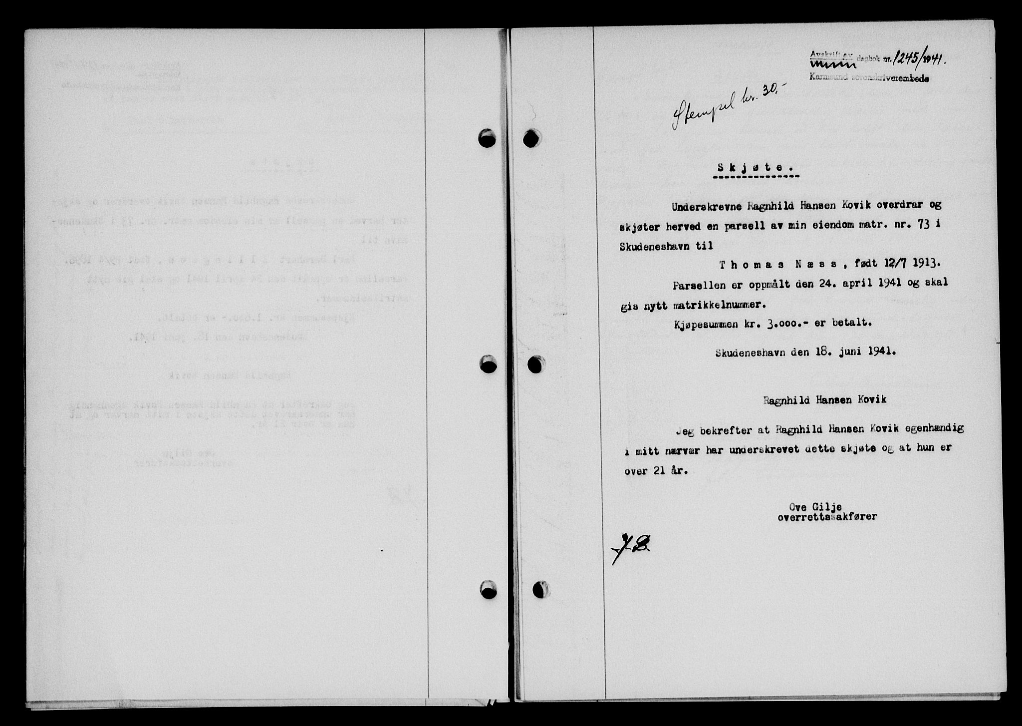 Karmsund sorenskriveri, SAST/A-100311/01/II/IIB/L0075: Pantebok nr. 56A, 1941-1941, Dagboknr: 1245/1941