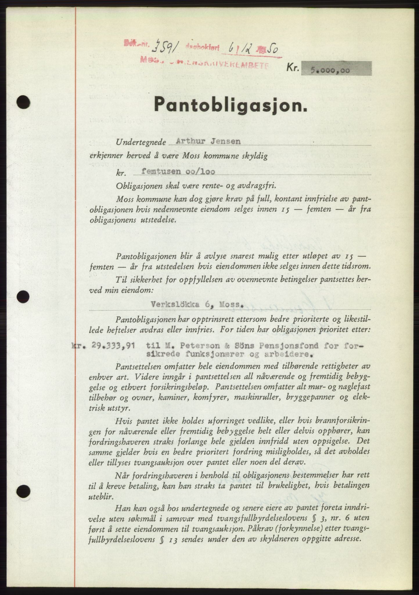 Moss sorenskriveri, SAO/A-10168: Pantebok nr. B25, 1950-1950, Dagboknr: 3591/1950