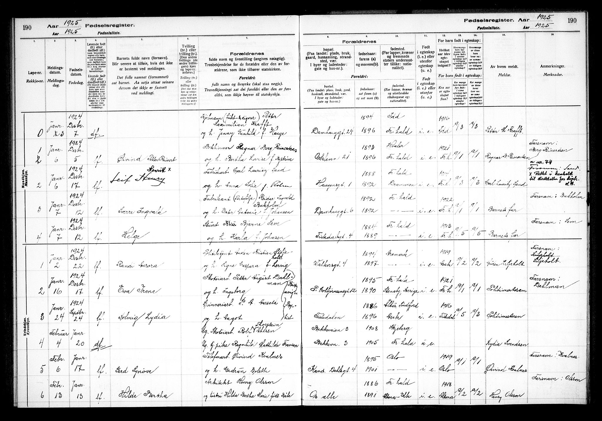 Halden prestekontor Kirkebøker, SAO/A-10909/J/Ja/L0001: Fødselsregister nr. I 1, 1916-1925, s. 190