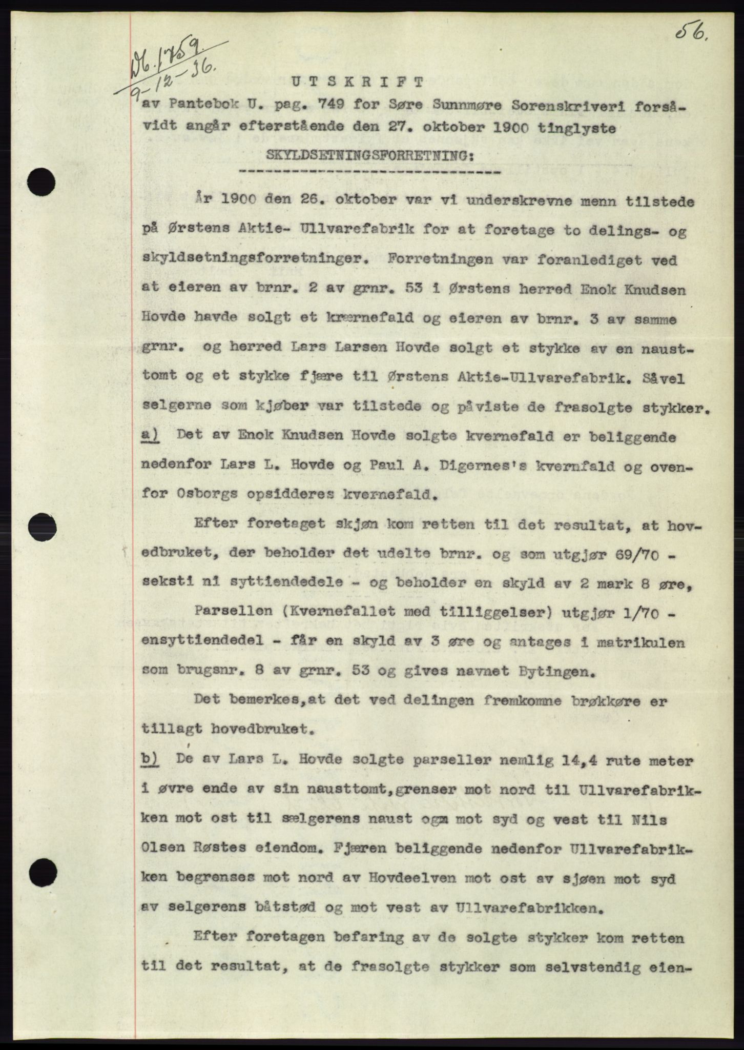Søre Sunnmøre sorenskriveri, SAT/A-4122/1/2/2C/L0062: Pantebok nr. 56, 1936-1937, Dagboknr: 1759/1936