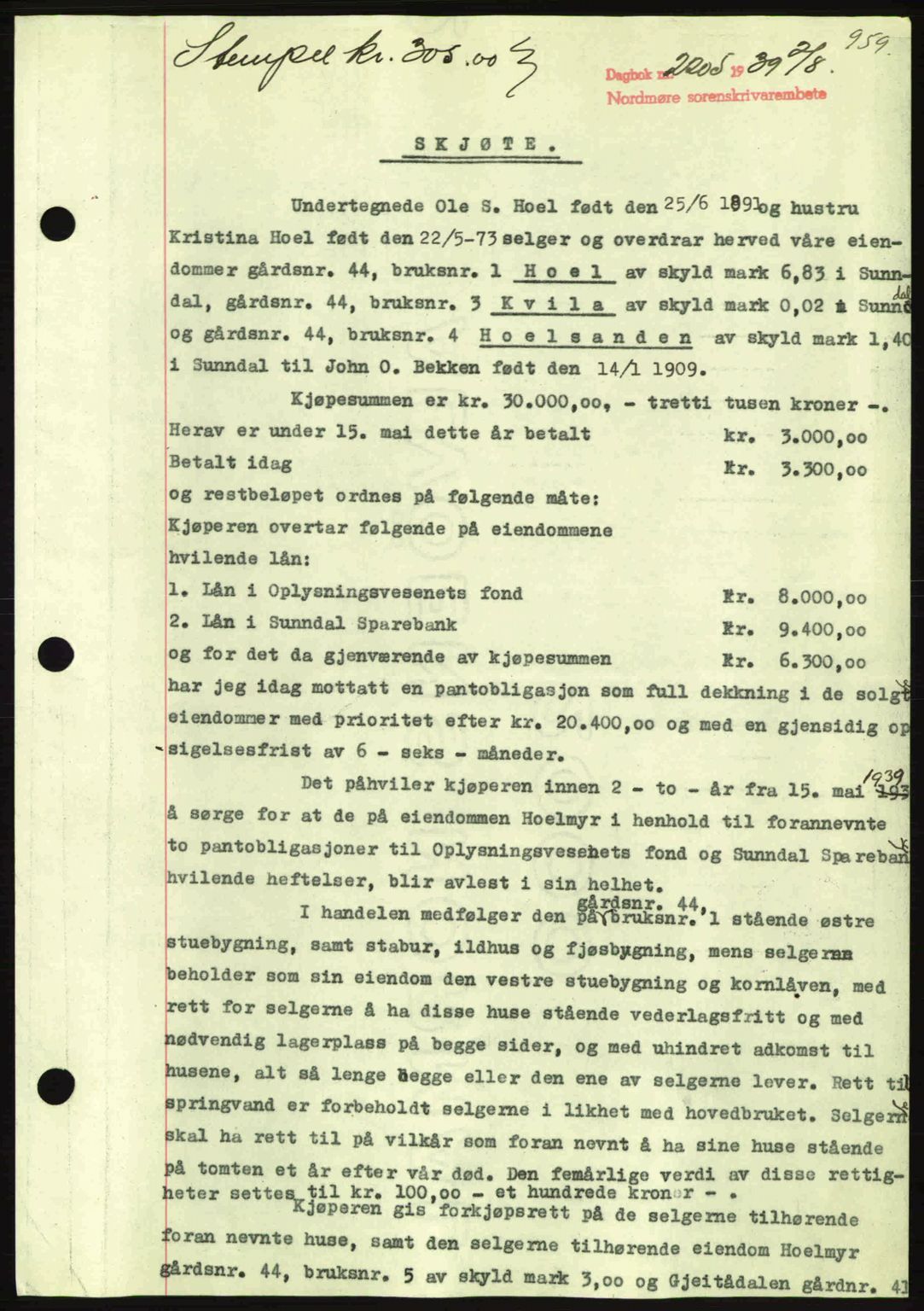 Nordmøre sorenskriveri, SAT/A-4132/1/2/2Ca: Pantebok nr. A86, 1939-1939, Dagboknr: 2205/1939