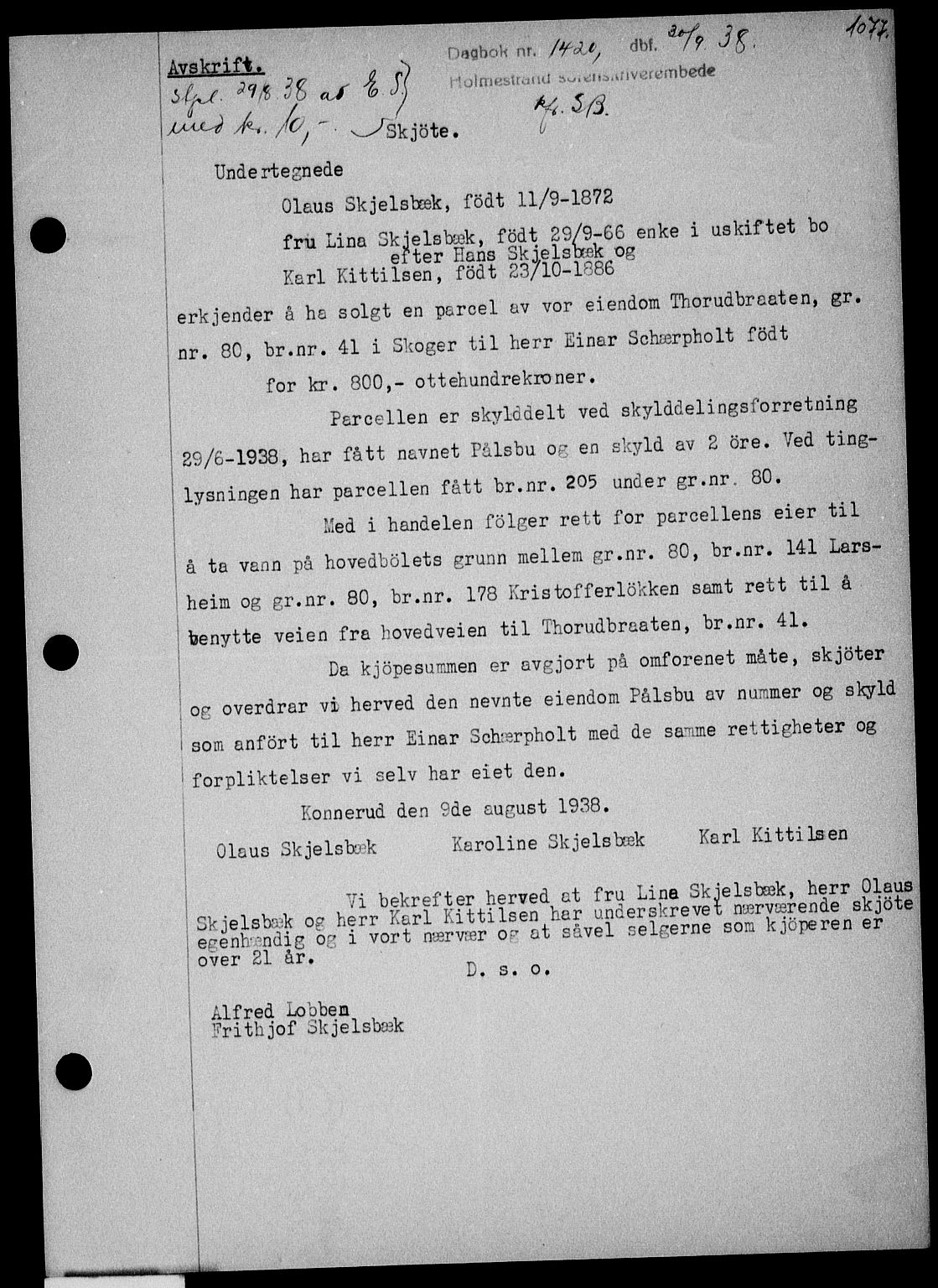 Holmestrand sorenskriveri, SAKO/A-67/G/Ga/Gaa/L0049: Pantebok nr. A-49, 1937-1938, Dagboknr: 1420/1938