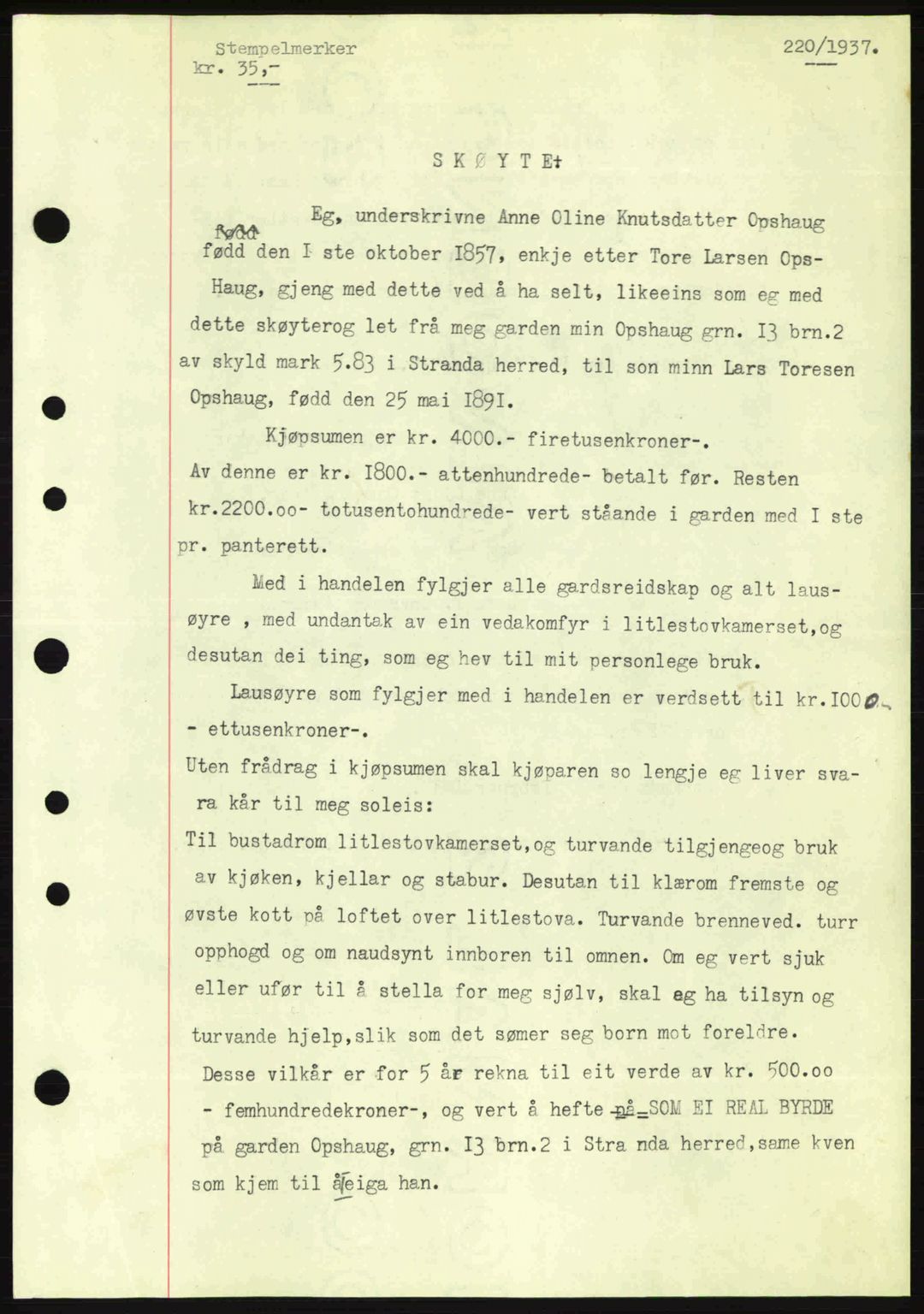 Nordre Sunnmøre sorenskriveri, SAT/A-0006/1/2/2C/2Ca: Pantebok nr. A2, 1936-1937, Dagboknr: 220/1937