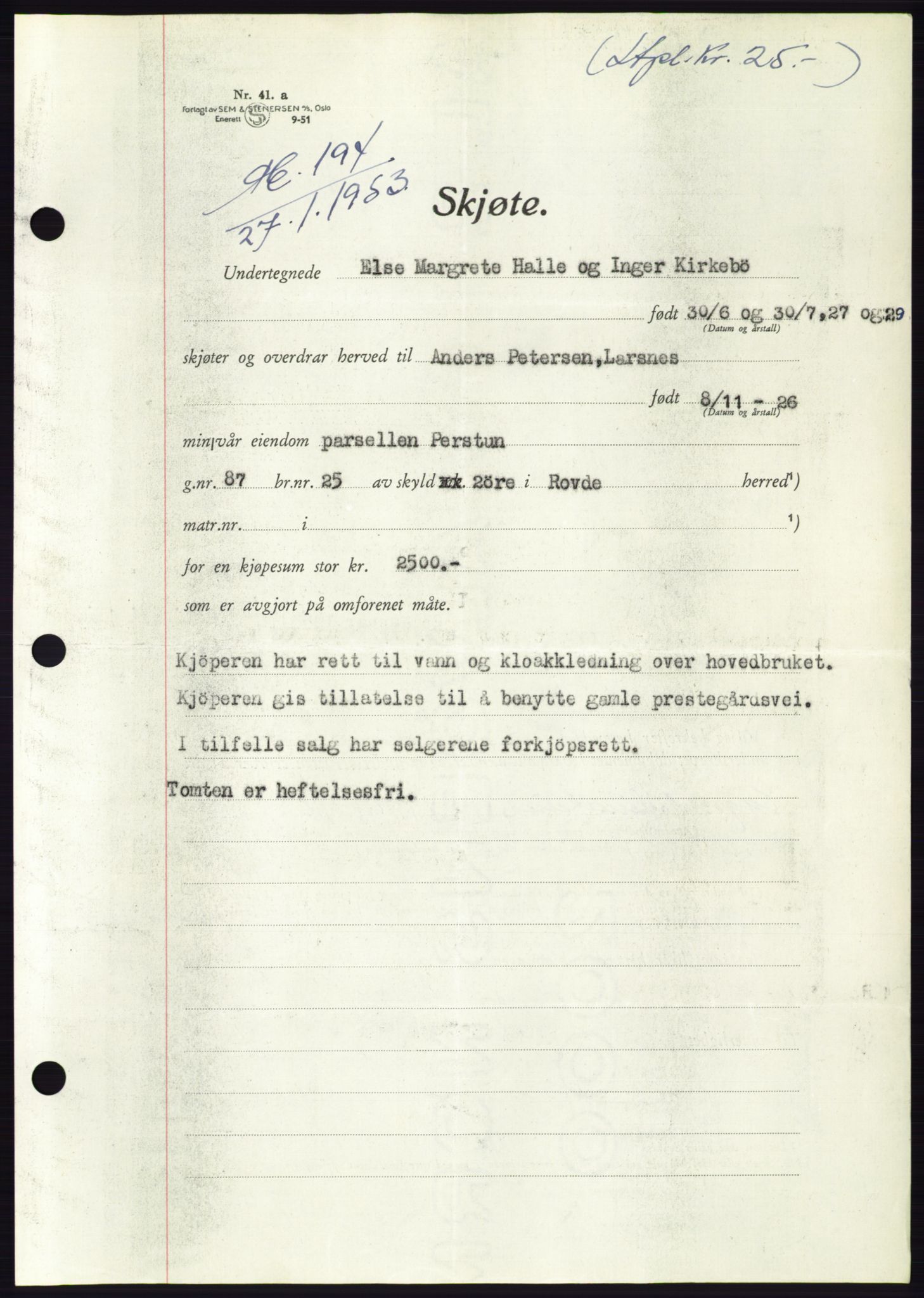 Søre Sunnmøre sorenskriveri, AV/SAT-A-4122/1/2/2C/L0094: Pantebok nr. 20A, 1953-1953, Dagboknr: 194/1953