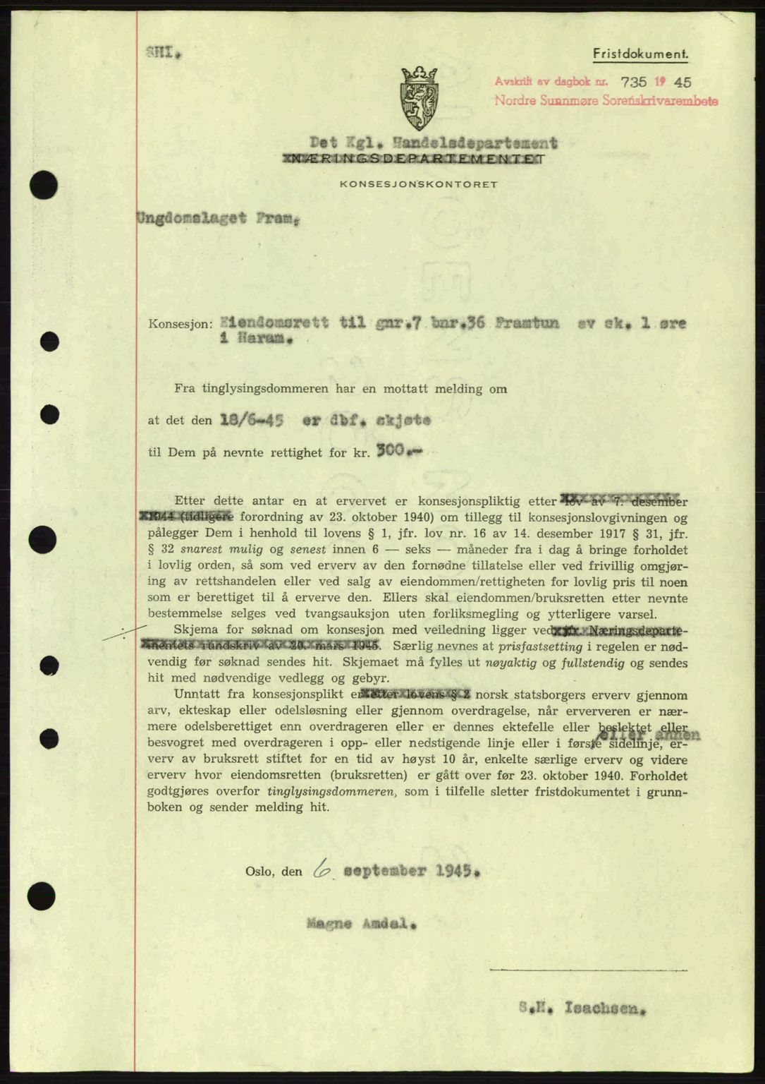 Nordre Sunnmøre sorenskriveri, AV/SAT-A-0006/1/2/2C/2Ca: Pantebok nr. B6-14 a, 1942-1945, Dagboknr: 735/1945