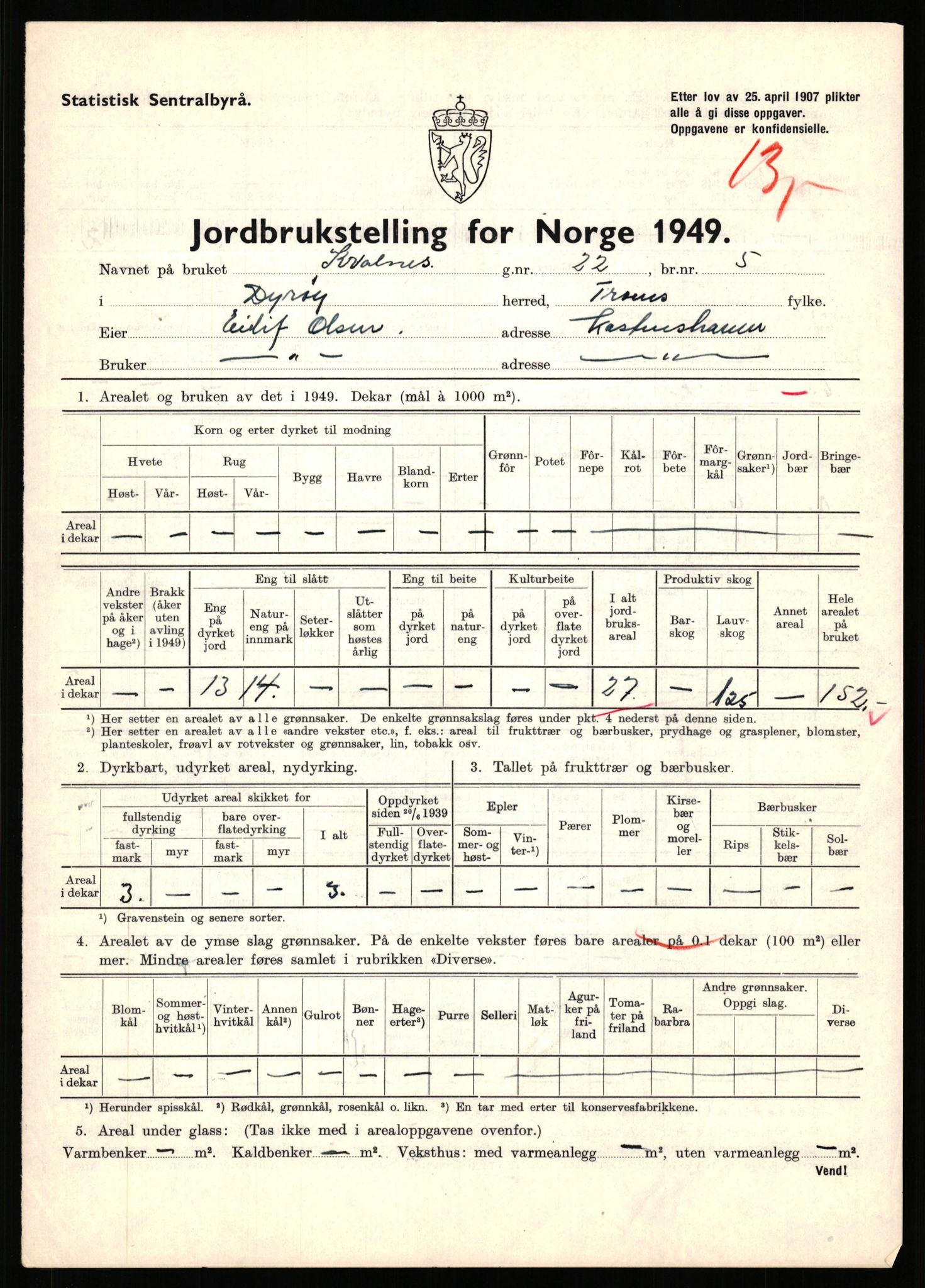 Statistisk sentralbyrå, Næringsøkonomiske emner, Jordbruk, skogbruk, jakt, fiske og fangst, AV/RA-S-2234/G/Gc/L0440: Troms: Sørreisa og Dyrøy, 1949, s. 1508