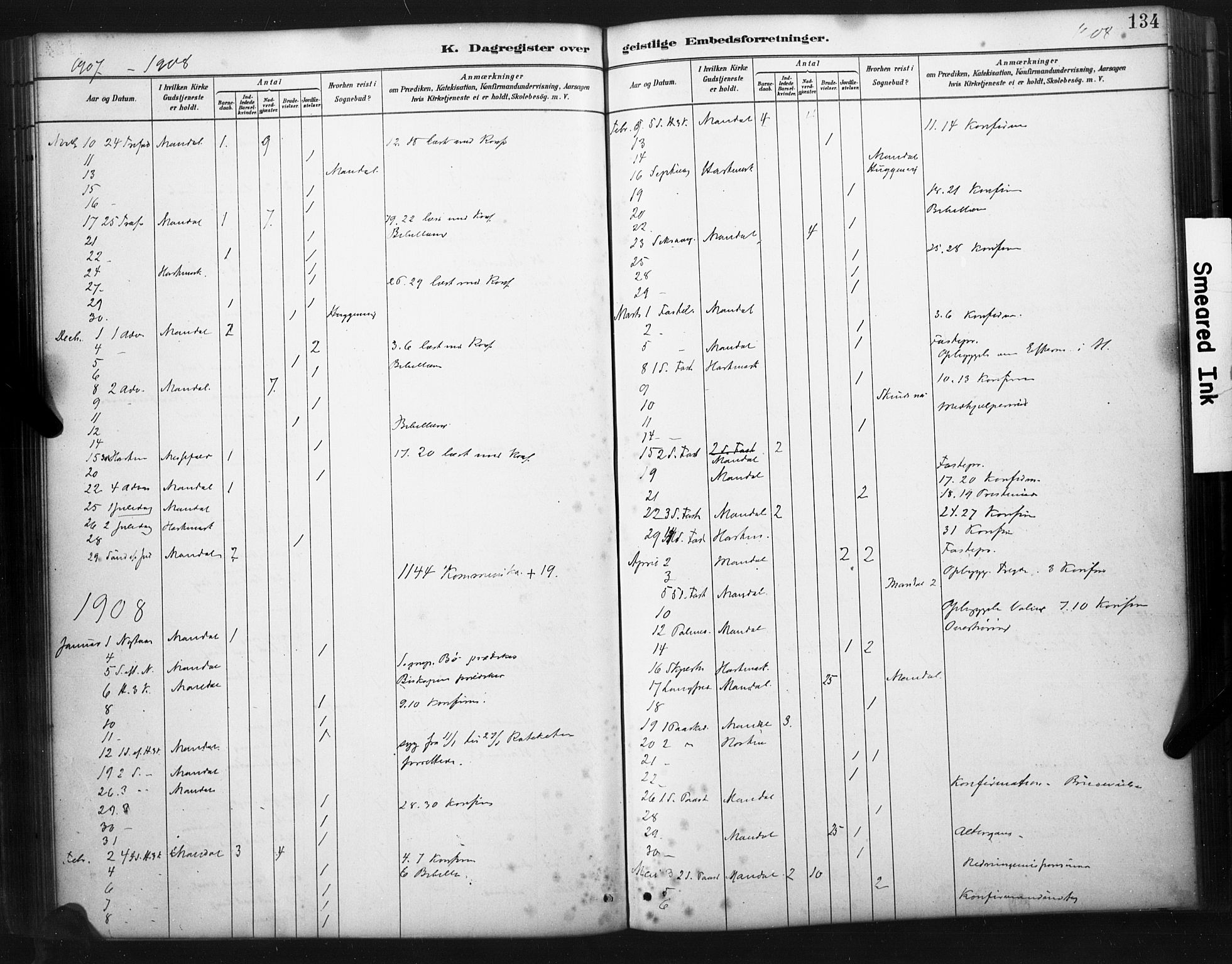 Mandal sokneprestkontor, AV/SAK-1111-0030/F/Fa/Faa/L0017: Ministerialbok nr. A 17, 1880-1926, s. 134