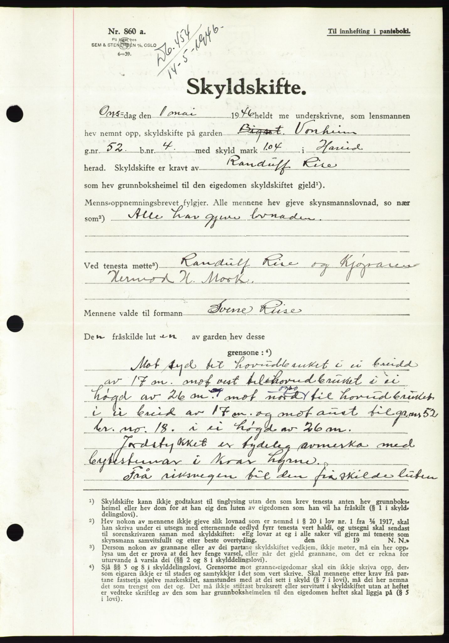 Søre Sunnmøre sorenskriveri, AV/SAT-A-4122/1/2/2C/L0078: Pantebok nr. 4A, 1946-1946, Dagboknr: 454/1946