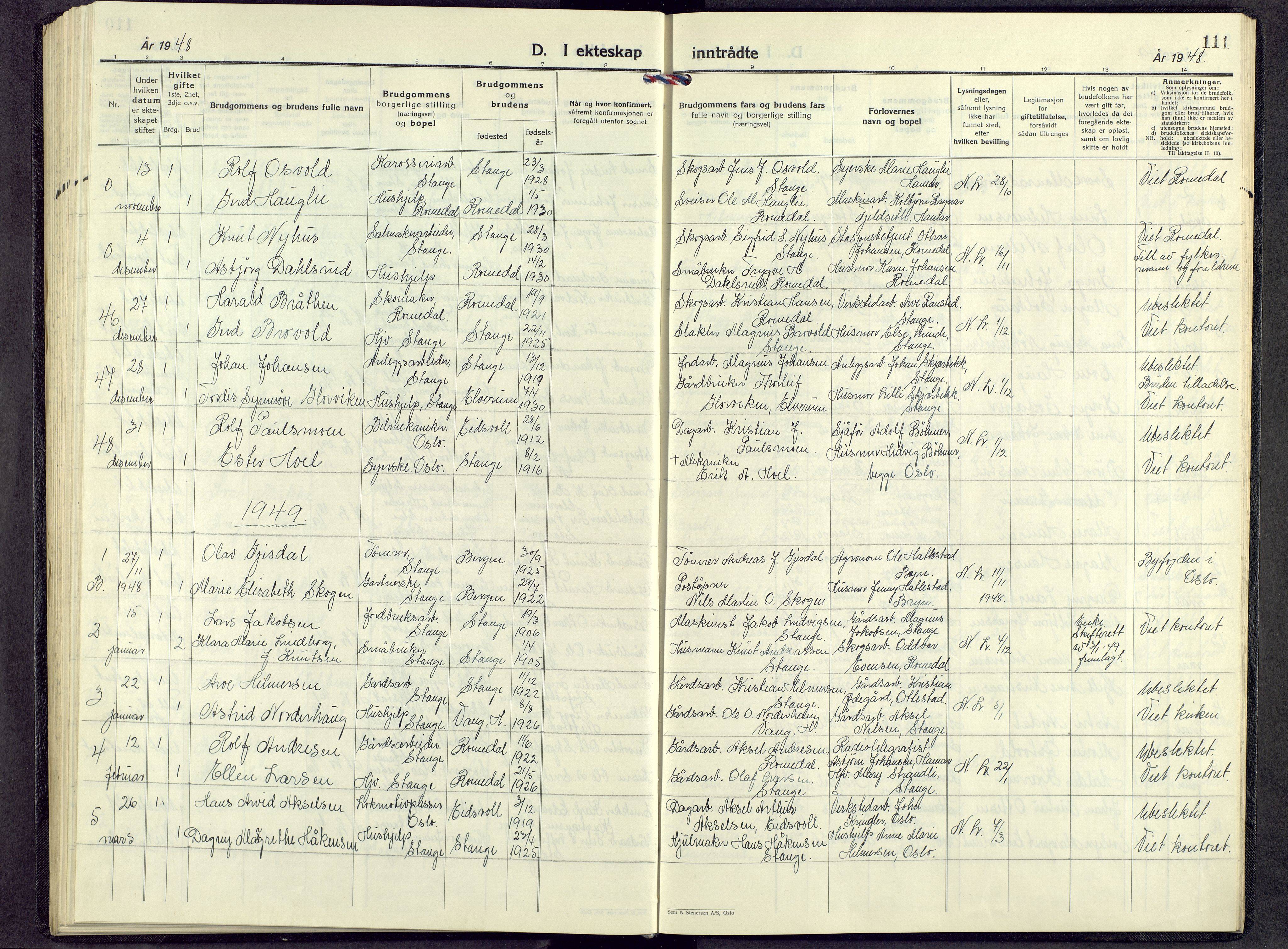 Stange prestekontor, AV/SAH-PREST-002/L/L0022: Klokkerbok nr. 22, 1948-1954, s. 111