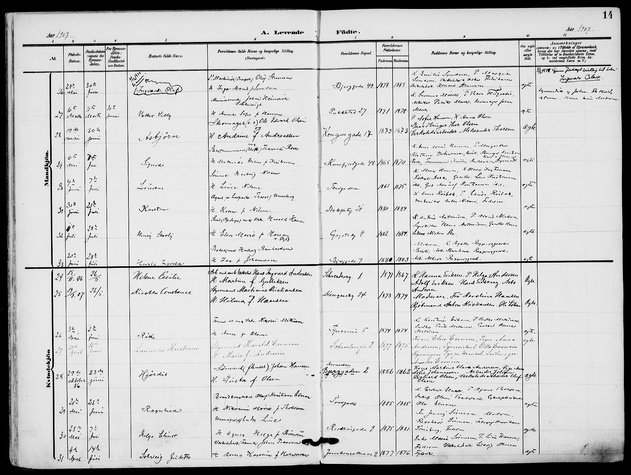 Sandefjord kirkebøker, AV/SAKO-A-315/F/Fa/L0005: Ministerialbok nr. 5, 1906-1915, s. 14