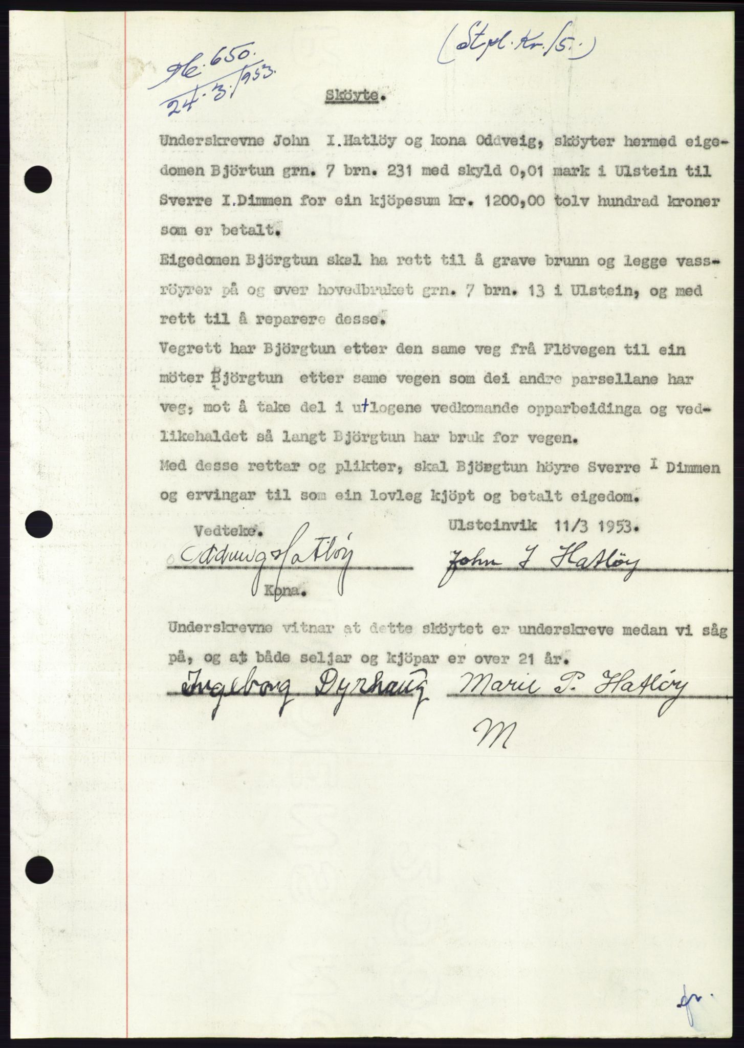 Søre Sunnmøre sorenskriveri, AV/SAT-A-4122/1/2/2C/L0094: Pantebok nr. 20A, 1953-1953, Dagboknr: 650/1953