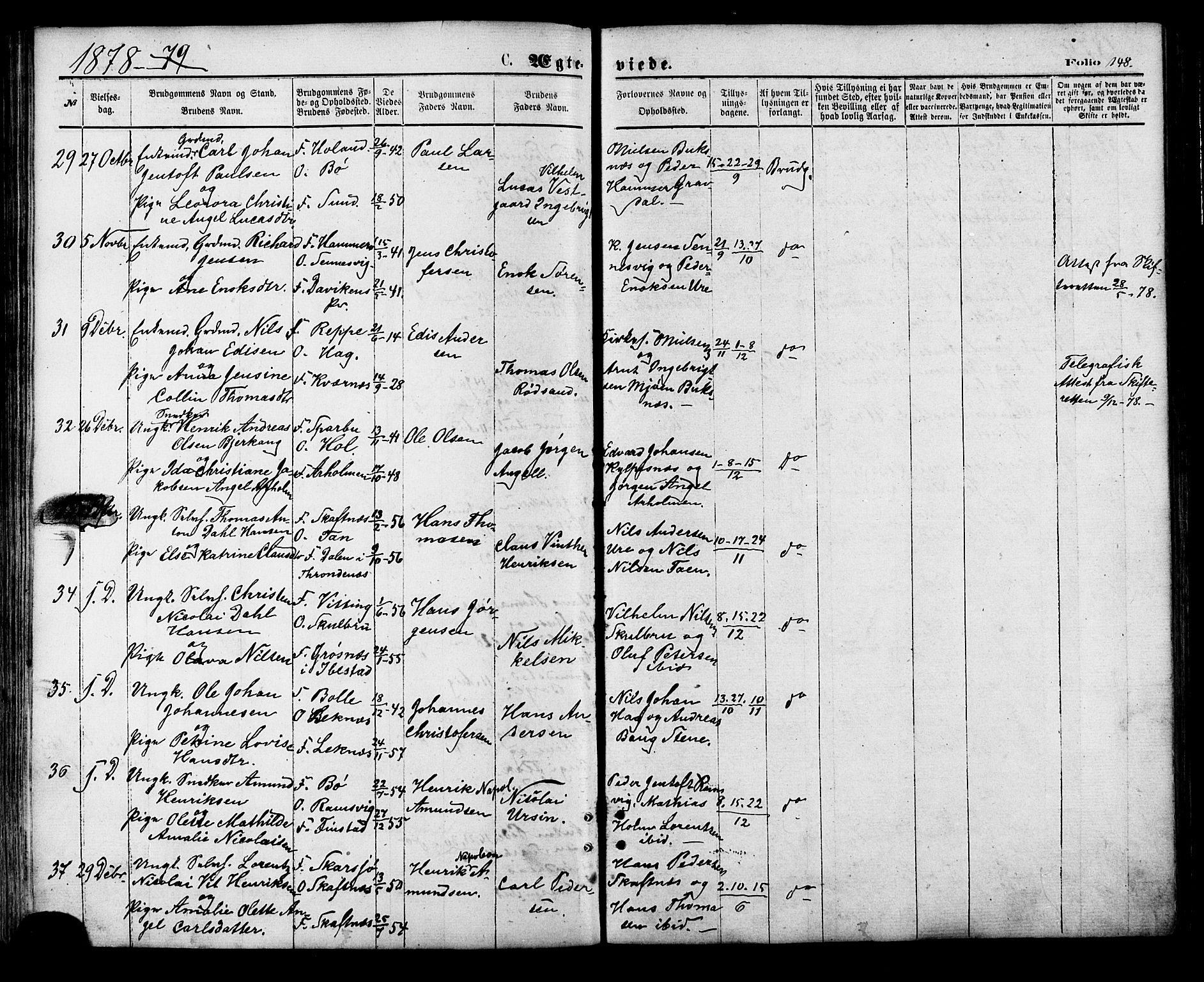 Ministerialprotokoller, klokkerbøker og fødselsregistre - Nordland, AV/SAT-A-1459/881/L1166: Klokkerbok nr. 881C03, 1876-1885, s. 148