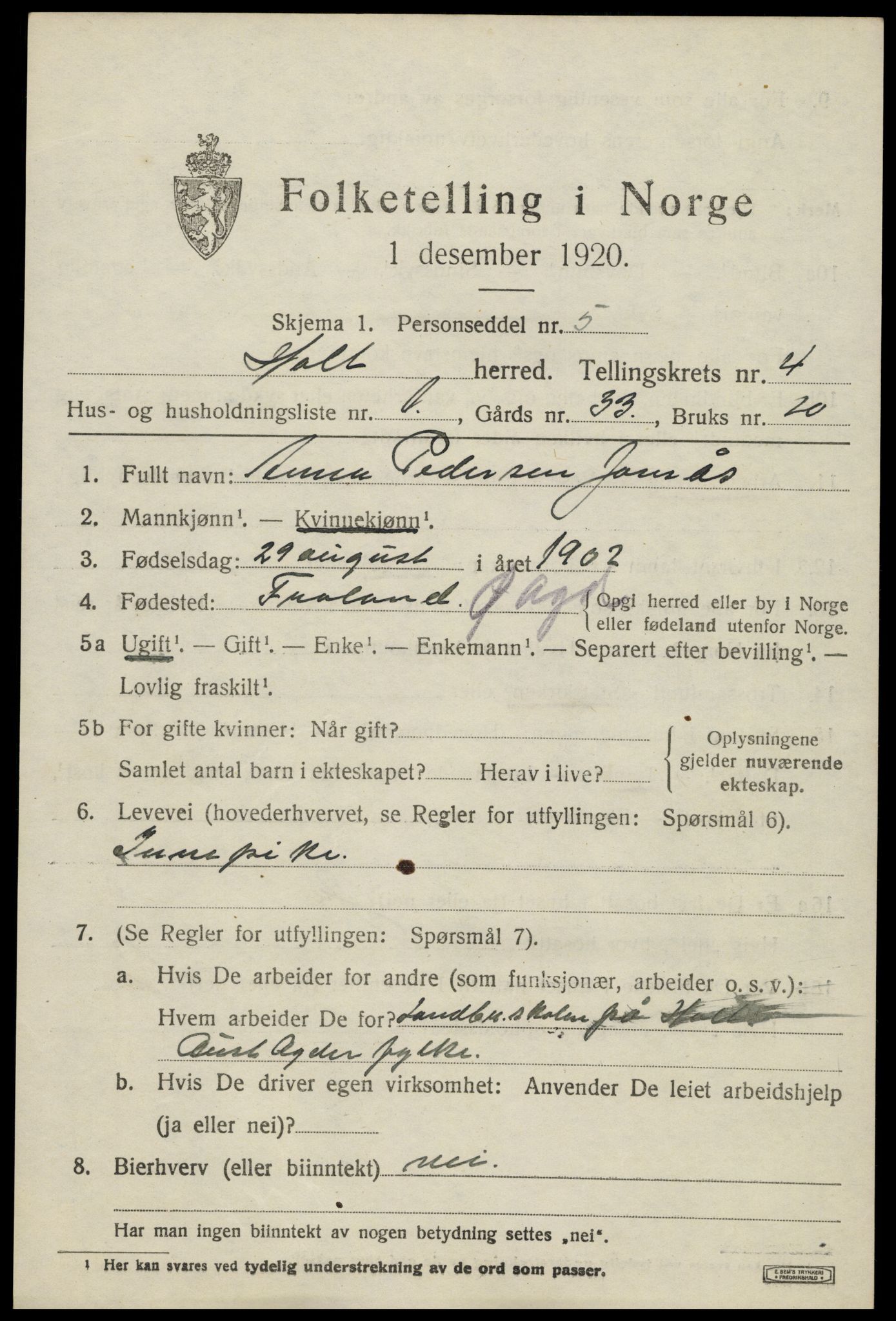 SAK, Folketelling 1920 for 0914 Holt herred, 1920, s. 2816