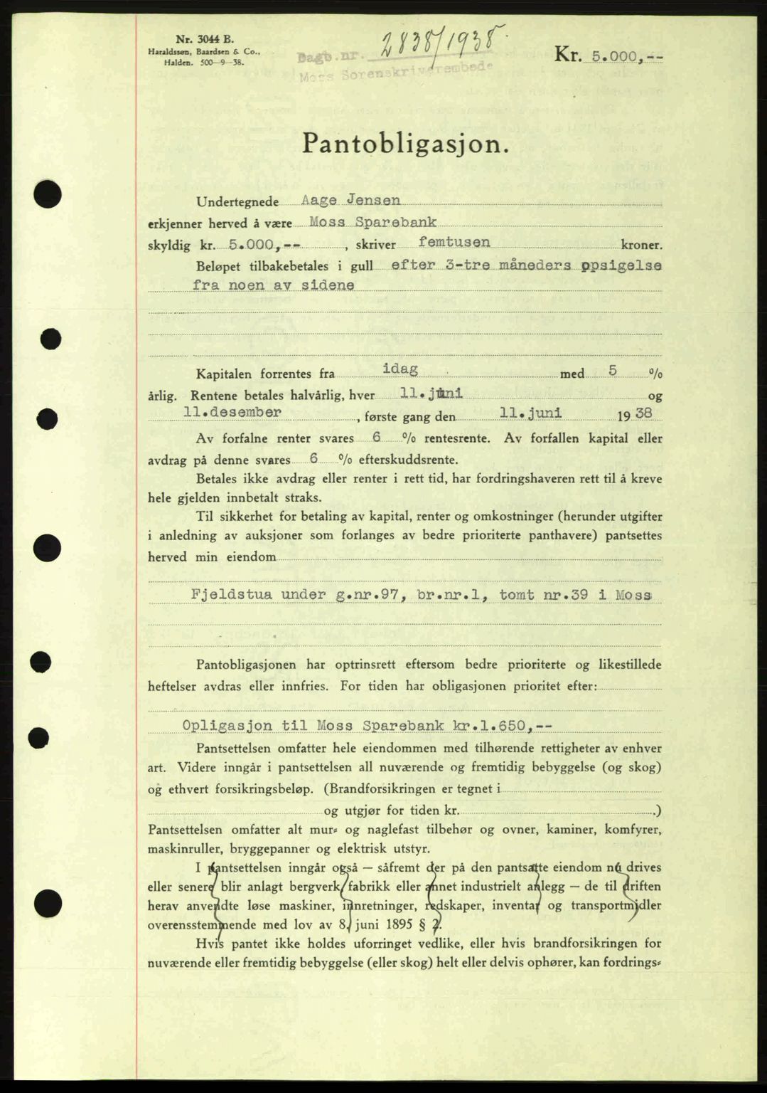 Moss sorenskriveri, SAO/A-10168: Pantebok nr. B6, 1938-1938, Dagboknr: 2838/1938