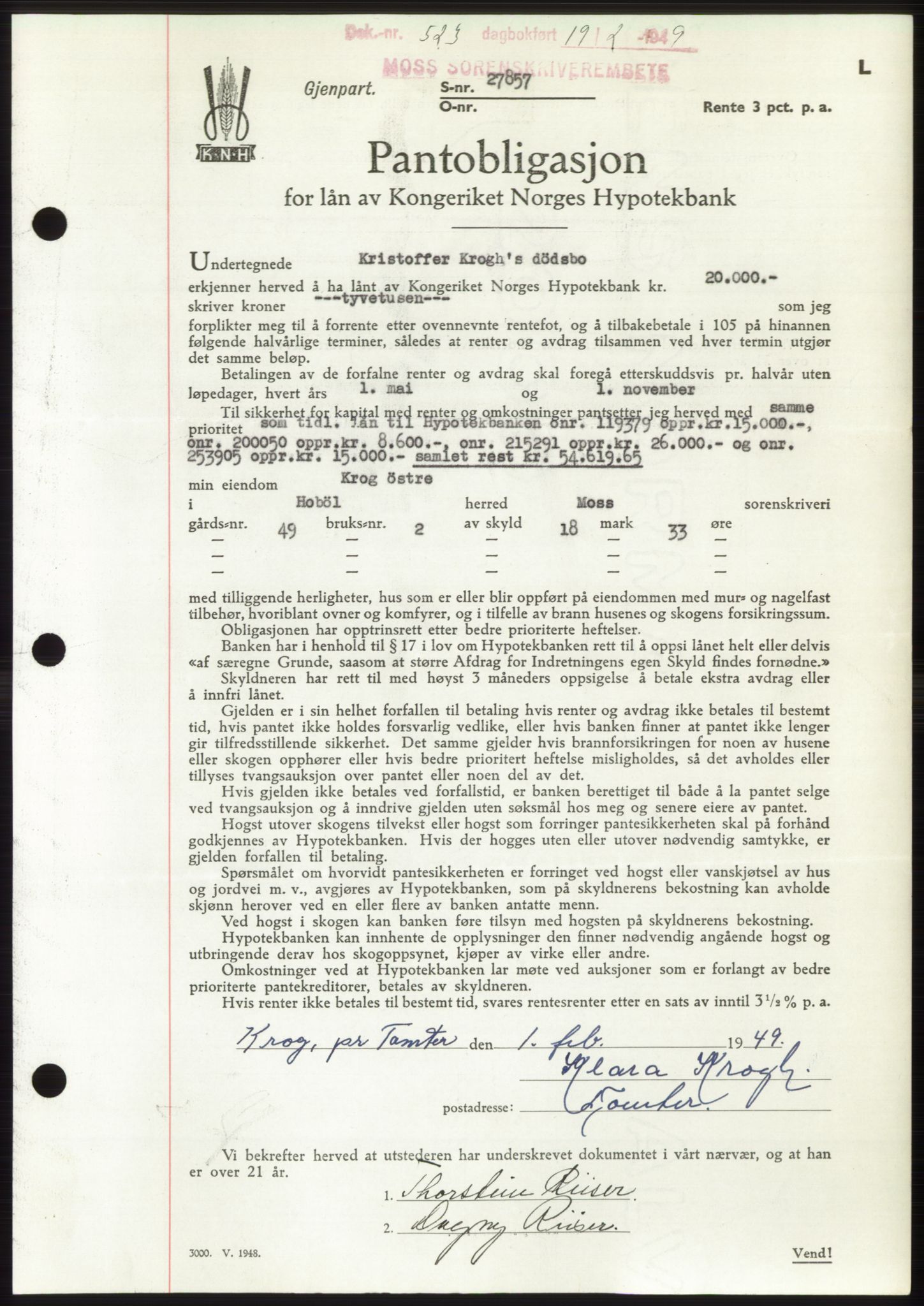 Moss sorenskriveri, SAO/A-10168: Pantebok nr. B21, 1949-1949, Dagboknr: 523/1949