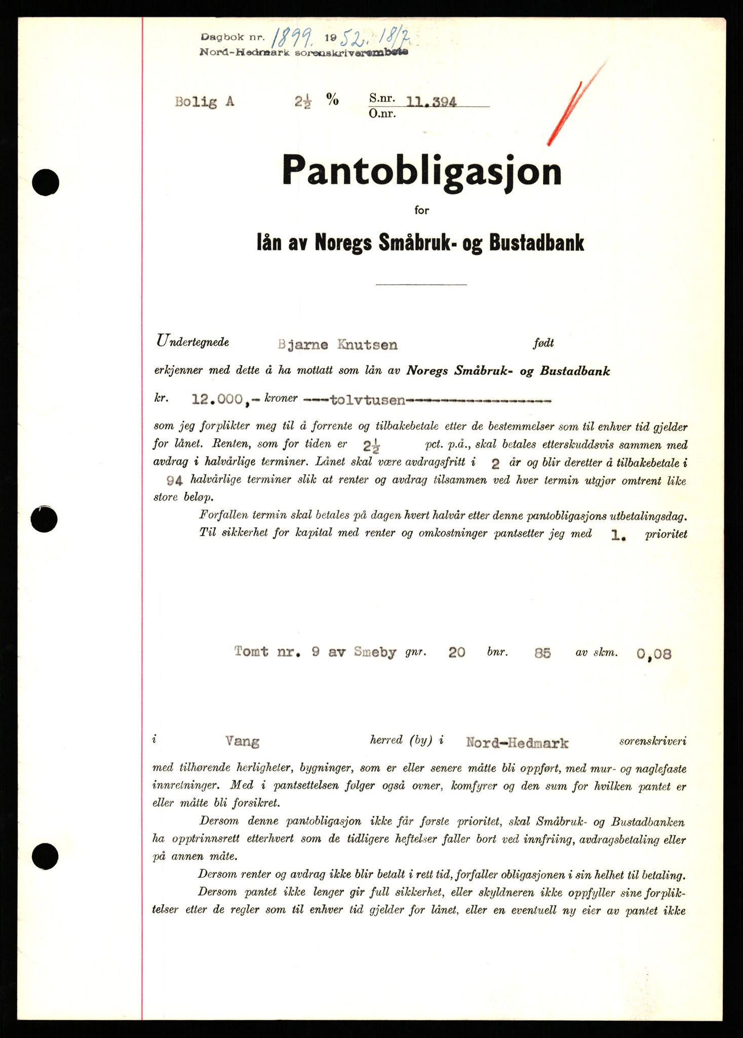 Nord-Hedmark sorenskriveri, SAH/TING-012/H/Hb/Hbf/L0025: Pantebok nr. B25, 1952-1952, Dagboknr: 1899/1952