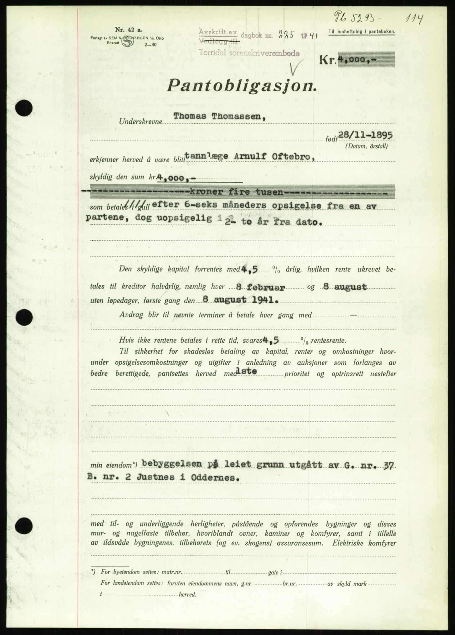 Torridal sorenskriveri, SAK/1221-0012/G/Gb/Gbb/L0008: Pantebok nr. 52b, 1940-1942, Dagboknr: 225/1941