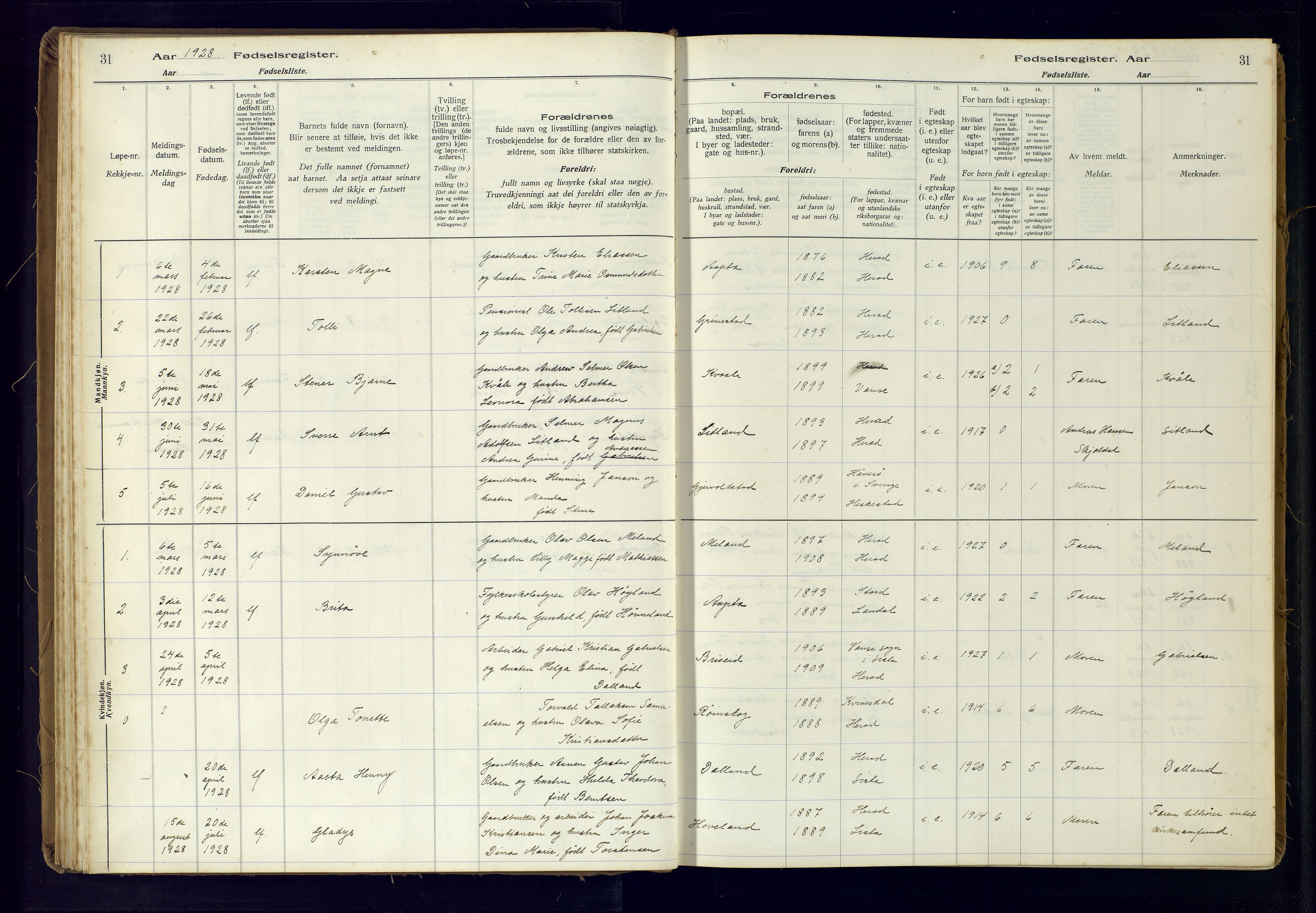 Herad sokneprestkontor, AV/SAK-1111-0018/J/Ja/L0001: Fødselsregister nr. A-VI-12, 1916-1981, s. 31