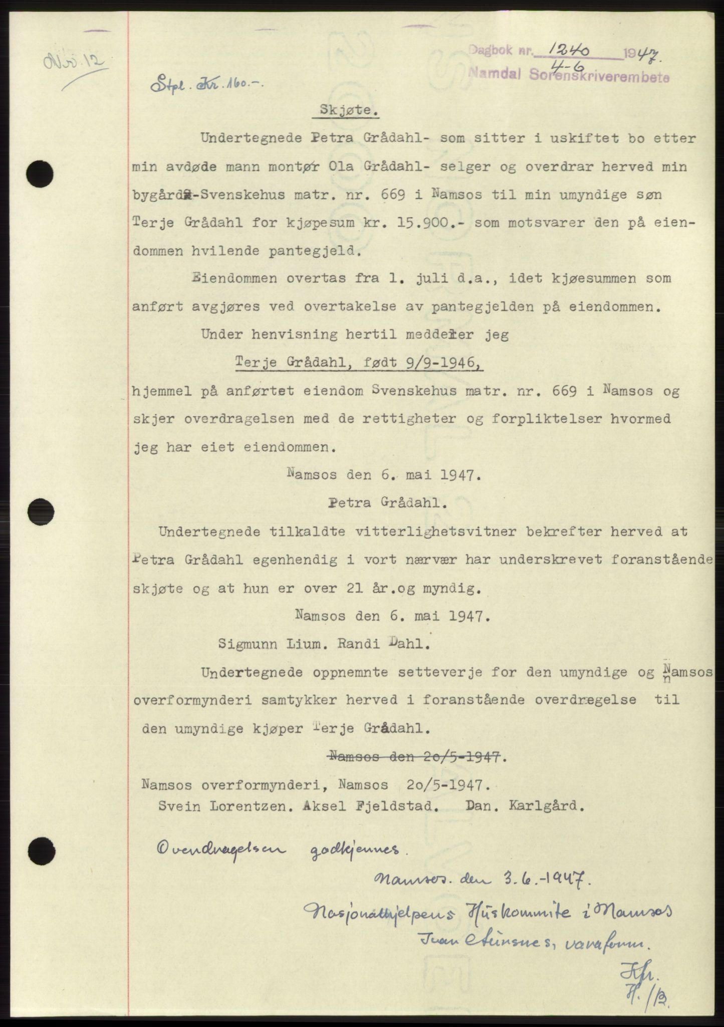 Namdal sorenskriveri, SAT/A-4133/1/2/2C: Pantebok nr. -, 1947-1947, Dagboknr: 1240/1947