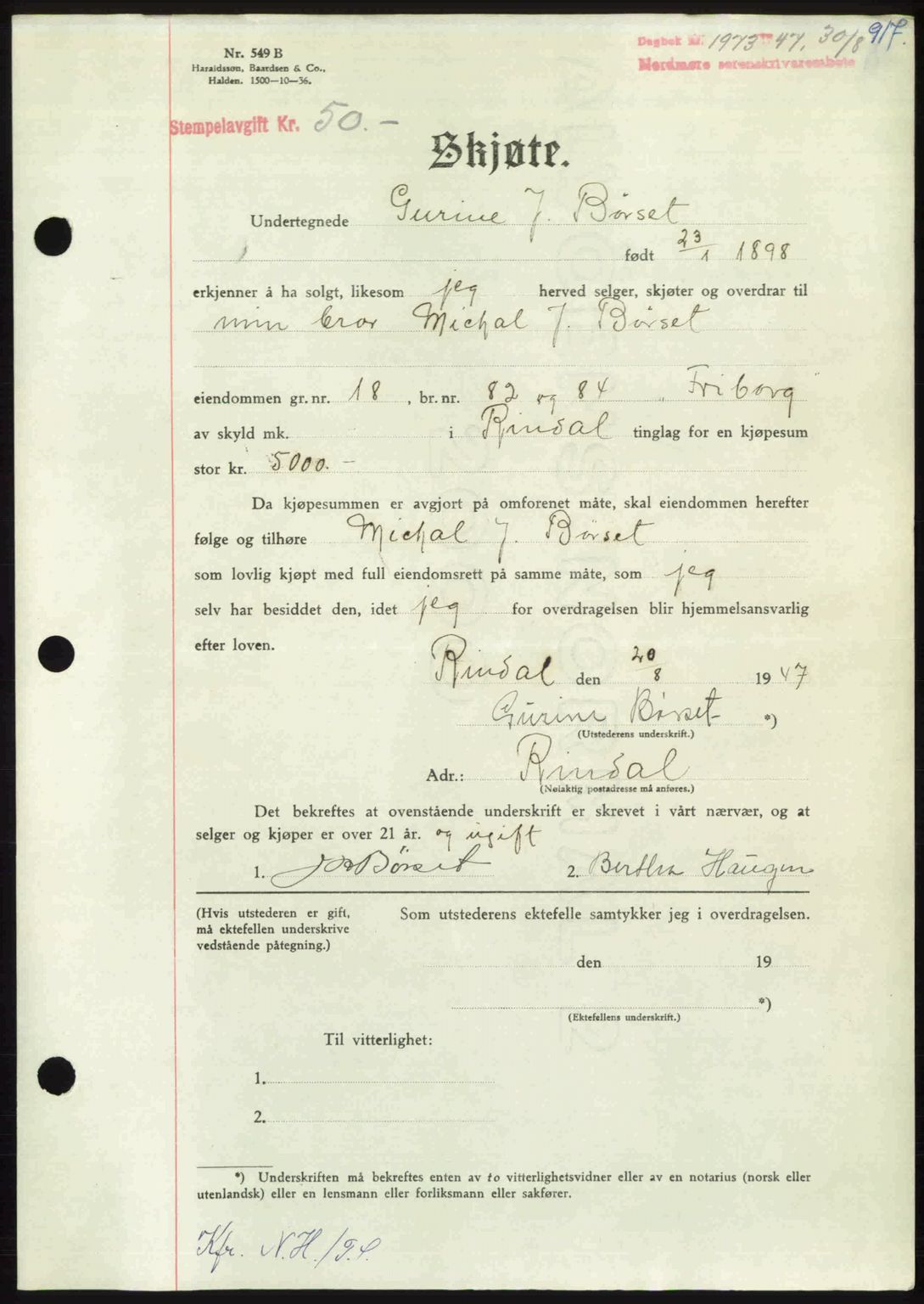 Nordmøre sorenskriveri, AV/SAT-A-4132/1/2/2Ca: Pantebok nr. A105, 1947-1947, Dagboknr: 1973/1947